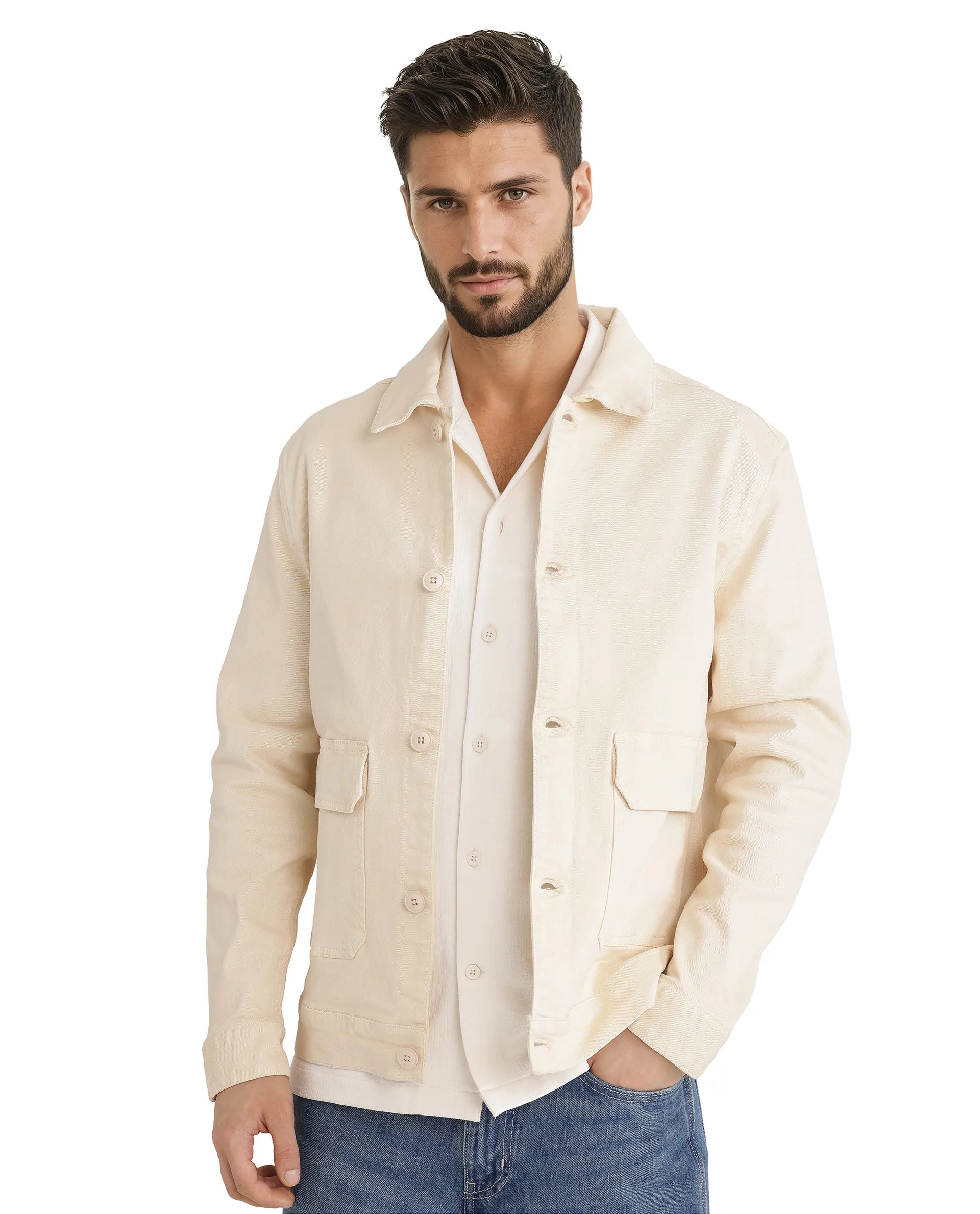 Rare Rabbit Men Volta Off White Cotton Blend Fabric Button Closure Two Front Flap Pocket Regular Fit Plain Jacket