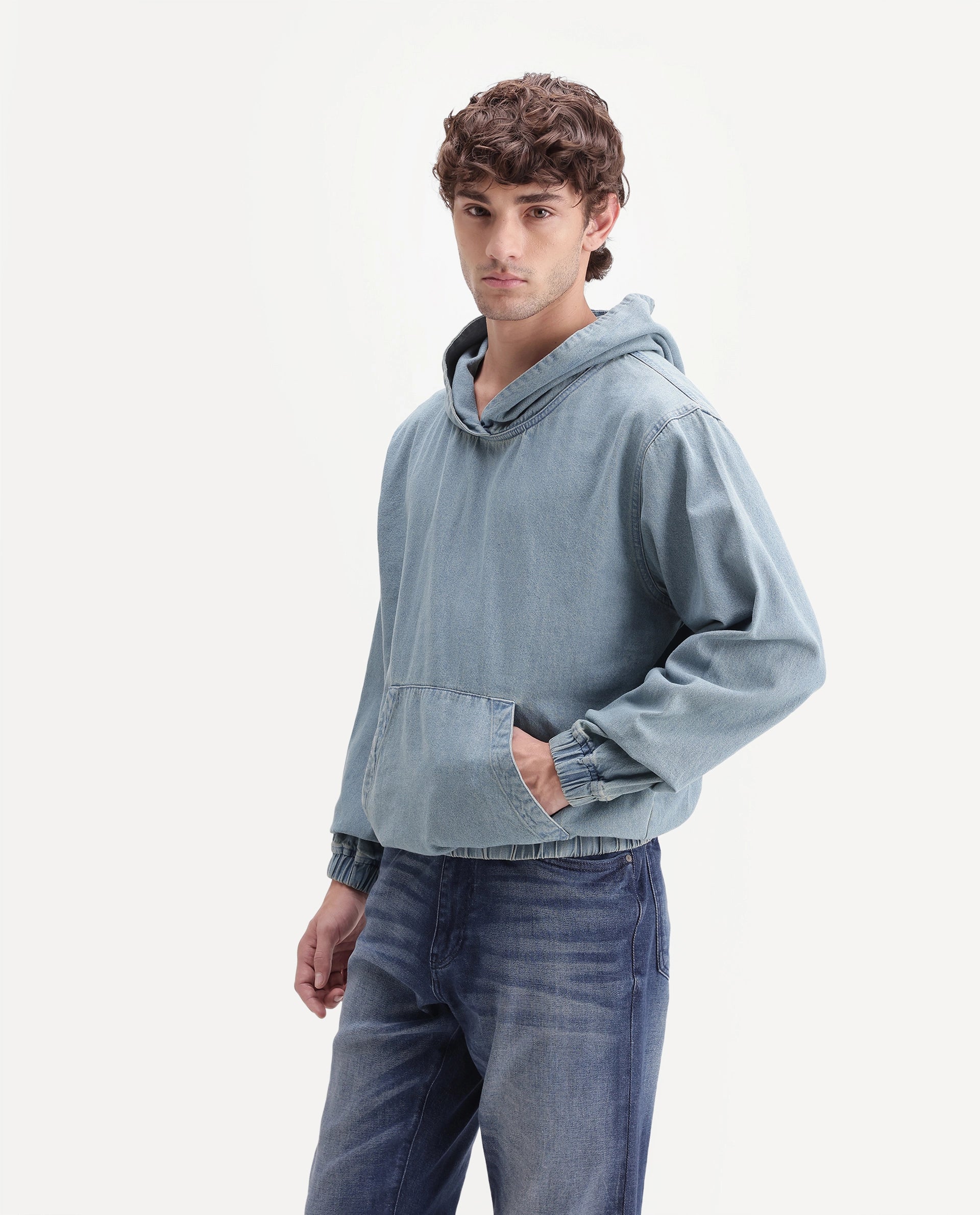 Rare Rabbit Men's Voltas Light Blue Cotton Plain Oversized Fit Full Sleeve Hooded Sweatshirt