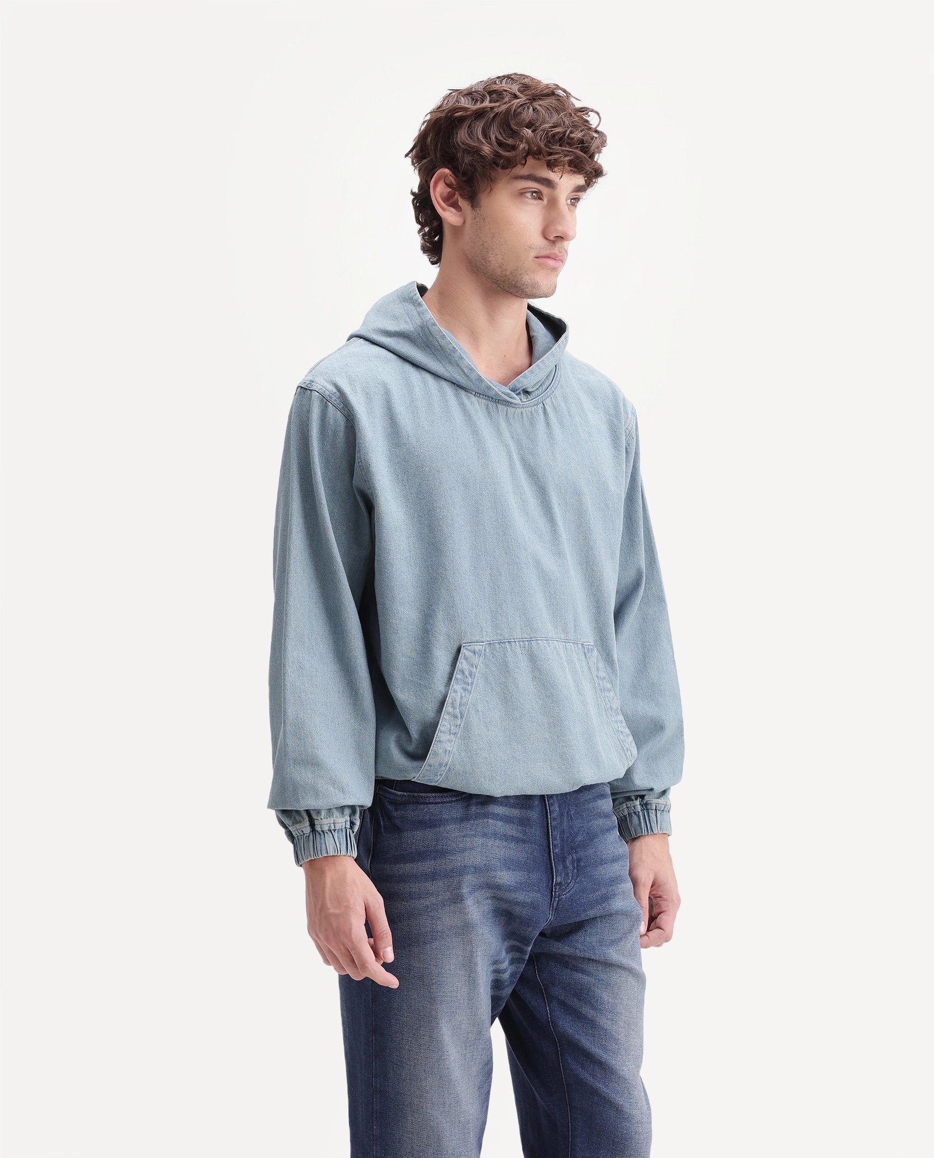 Rare Rabbit Men's Voltas Light Blue Cotton Plain Oversized Fit Full Sleeve Hooded Sweatshirt