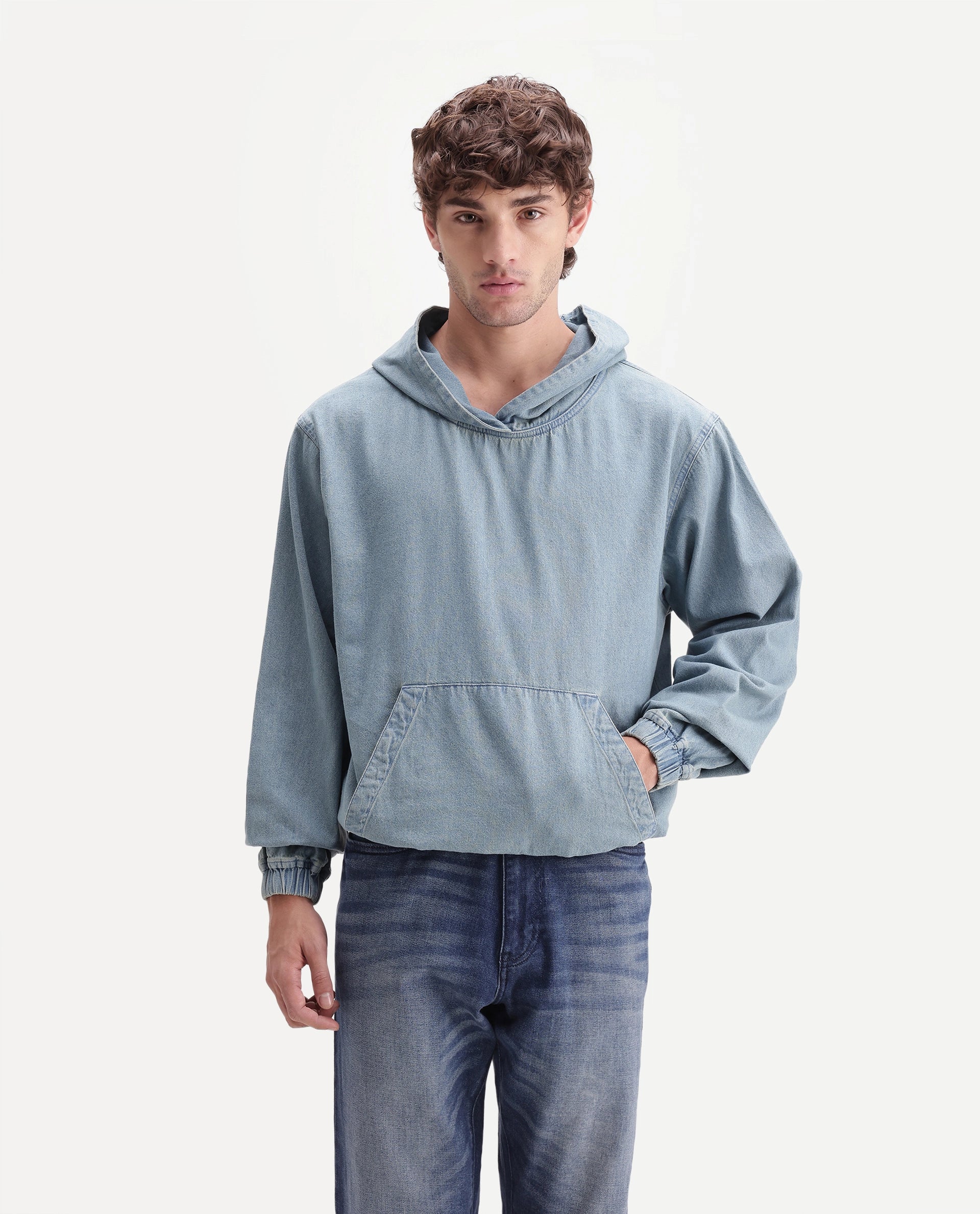 Rare Rabbit Men's Voltas Light Blue Cotton Plain Oversized Fit Full Sleeve Hooded Sweatshirt