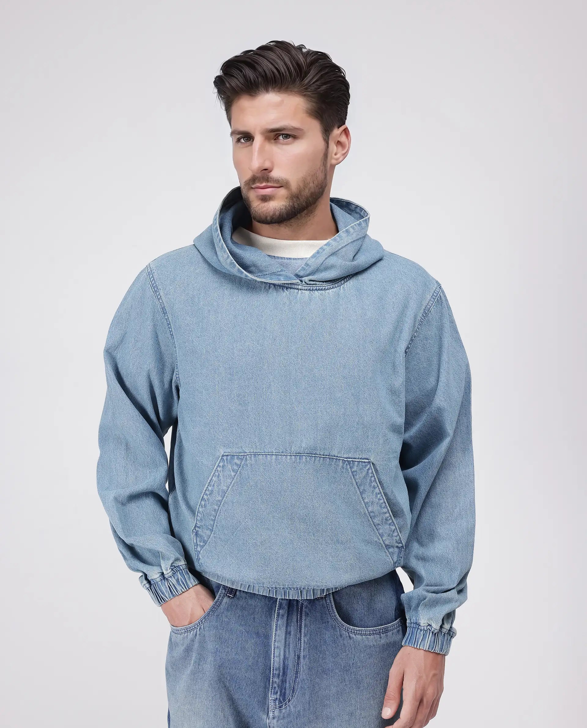 Rare Rabbit Men's Voltas Light Blue Cotton Fabric Full Sleeve Hooded Oversized Fit Plain Sweatshirt