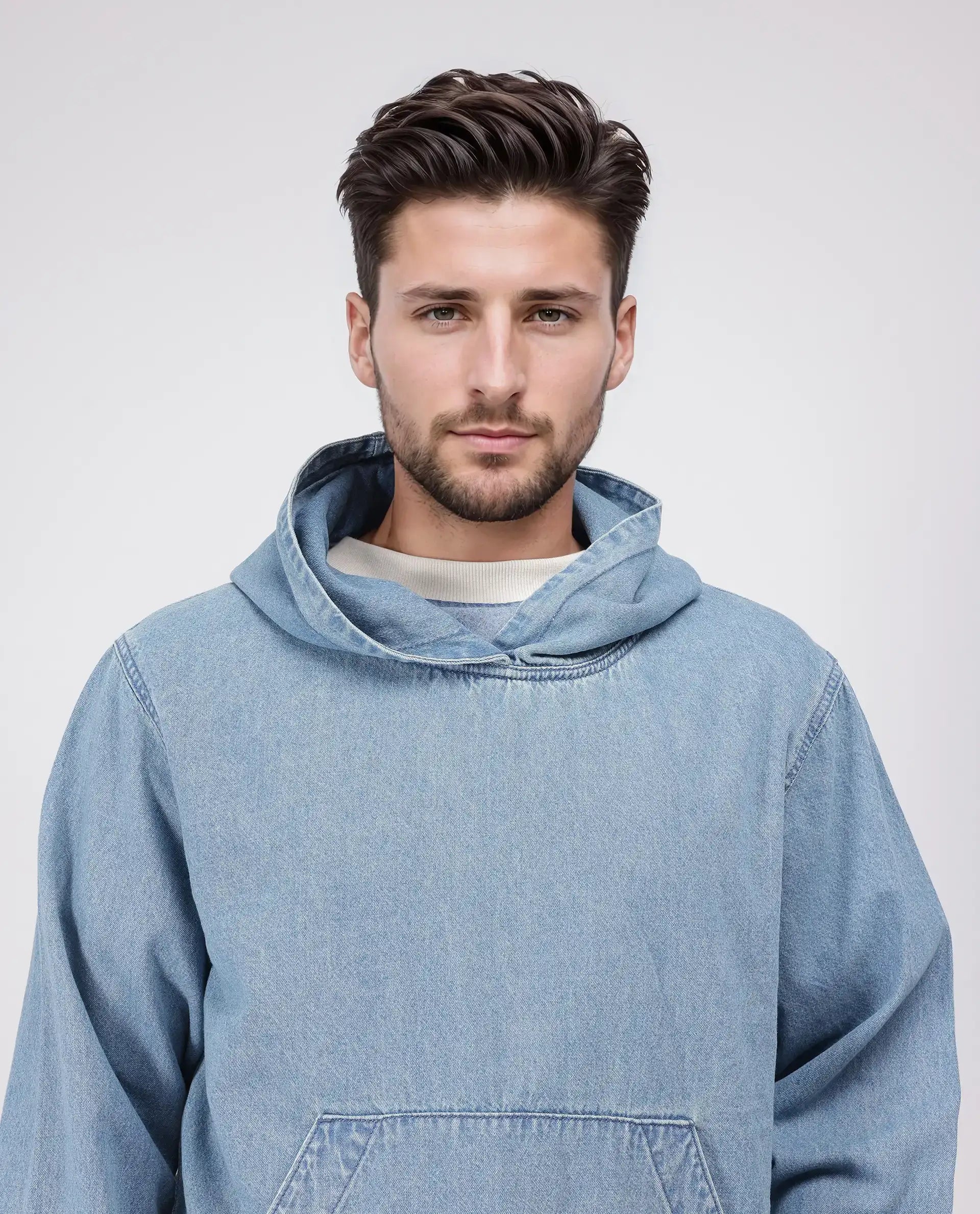 Rare Rabbit Men's Voltas Light Blue Cotton Fabric Full Sleeve Hooded Oversized Fit Plain Sweatshirt