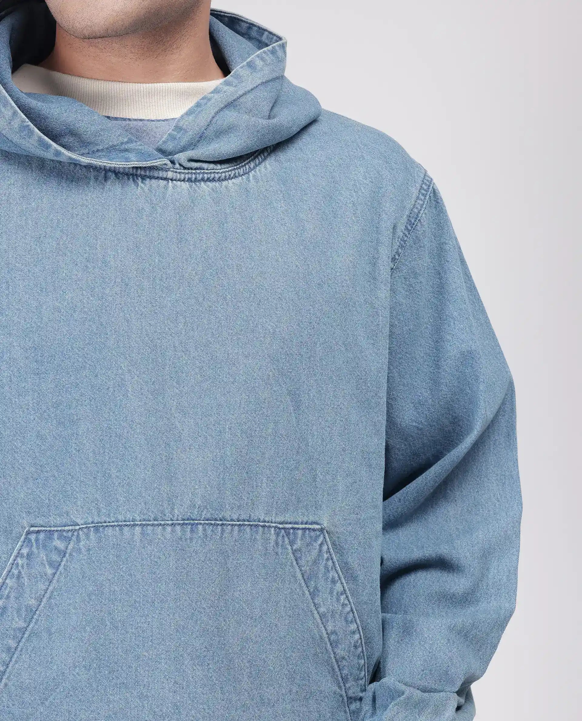 Rare Rabbit Men's Voltas Light Blue Cotton Fabric Full Sleeve Hooded Oversized Fit Plain Sweatshirt