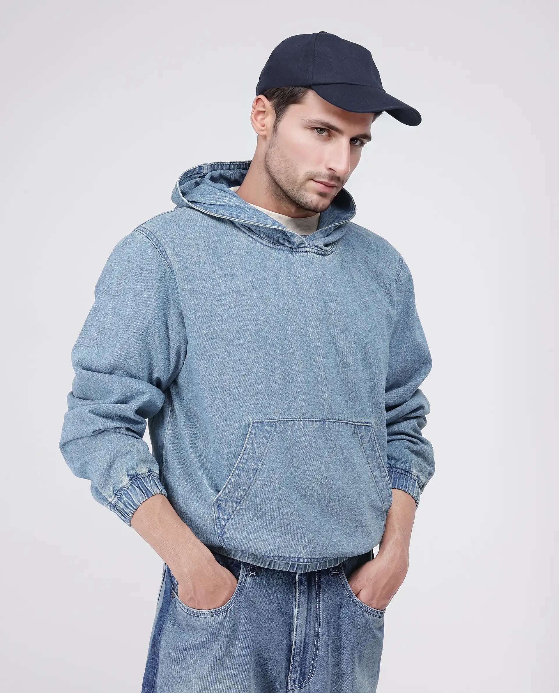 Rare Rabbit Men's Voltas Light Blue Cotton Fabric Full Sleeve Hooded Oversized Fit Plain Sweatshirt