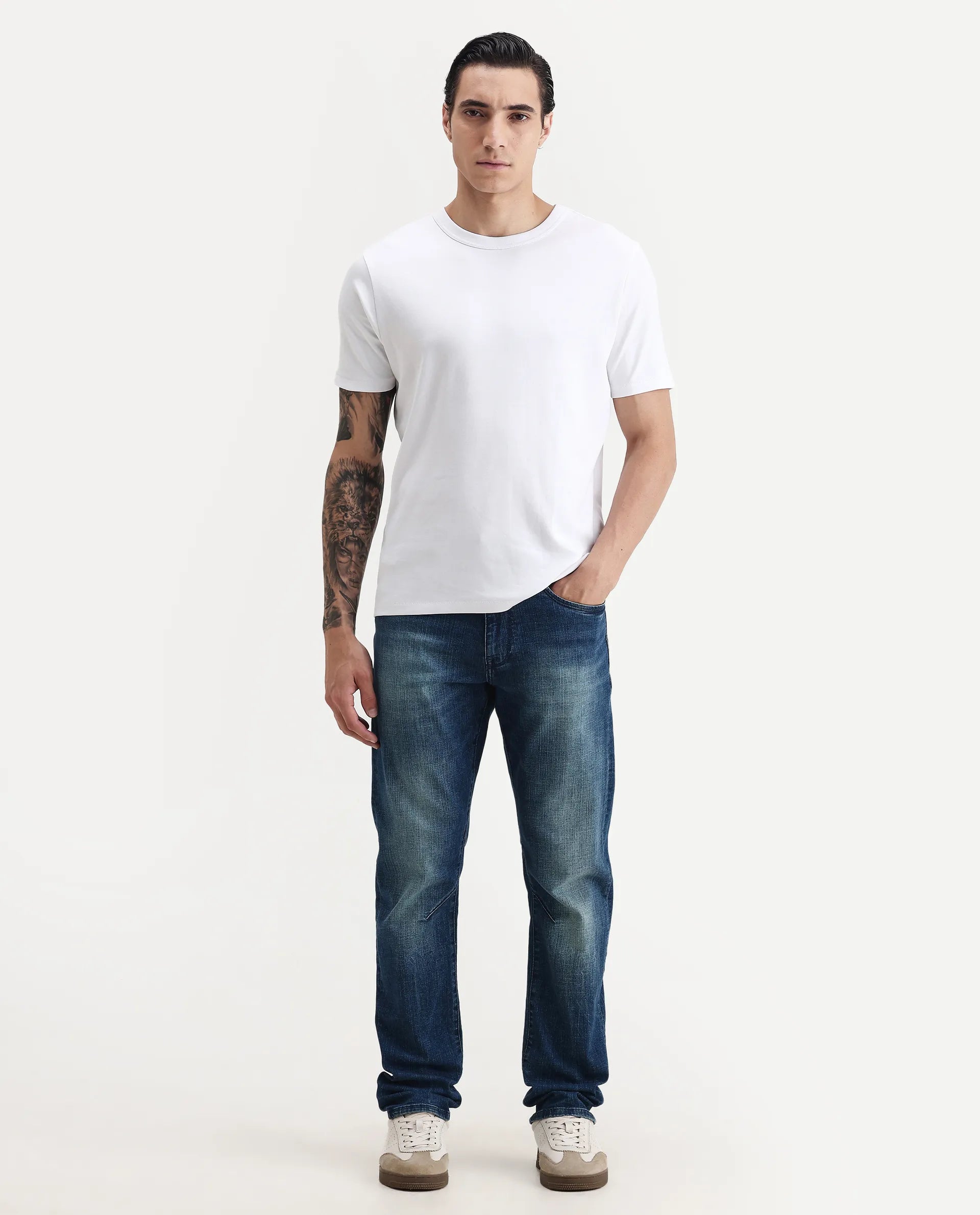 Rare Rabbit Men's Volt White Cotton Plain Regular Fit Half Sleeve Crew Neck T-Shirt