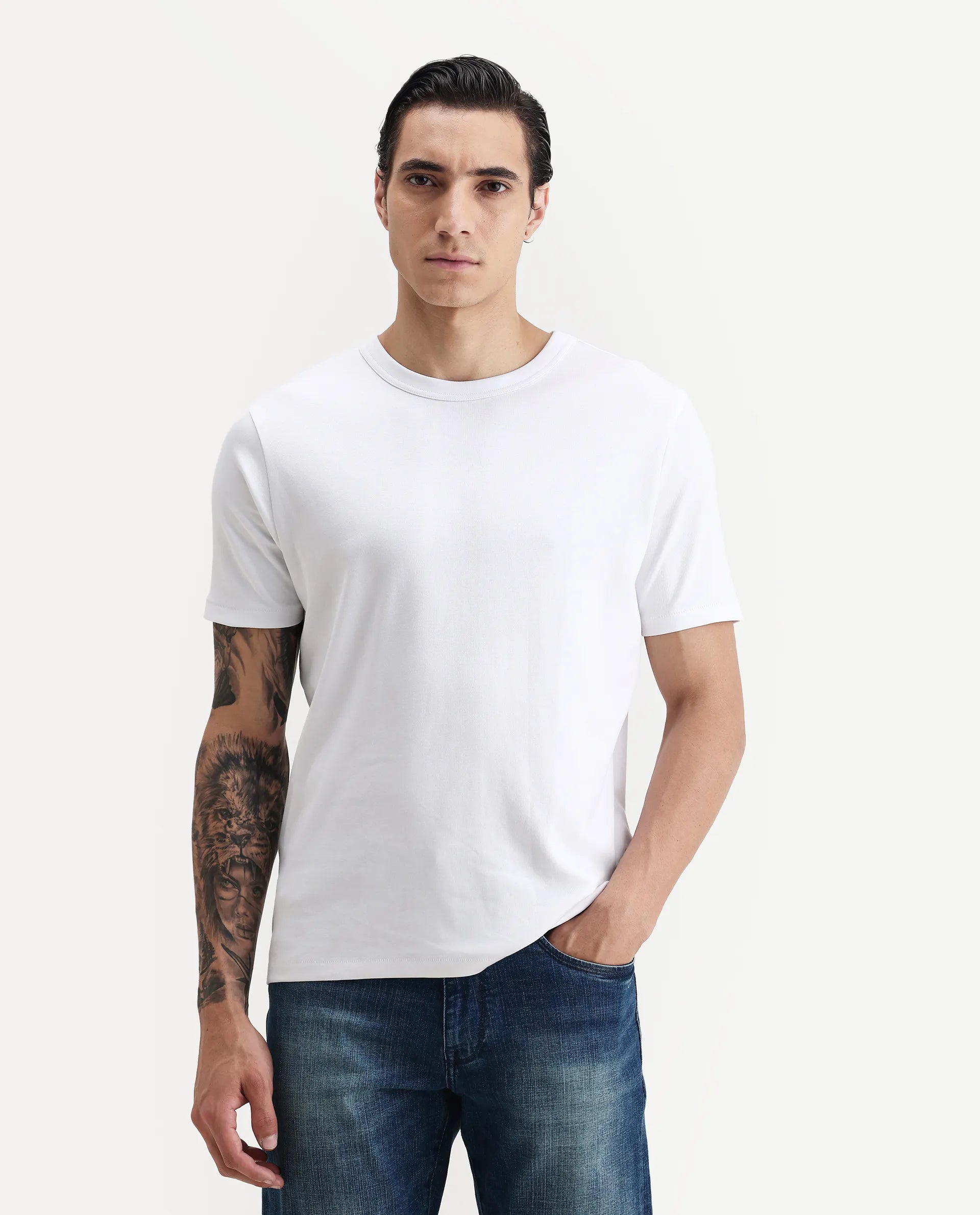 Rare Rabbit Men's Volt White Cotton Plain Regular Fit Half Sleeve Crew Neck T-Shirt