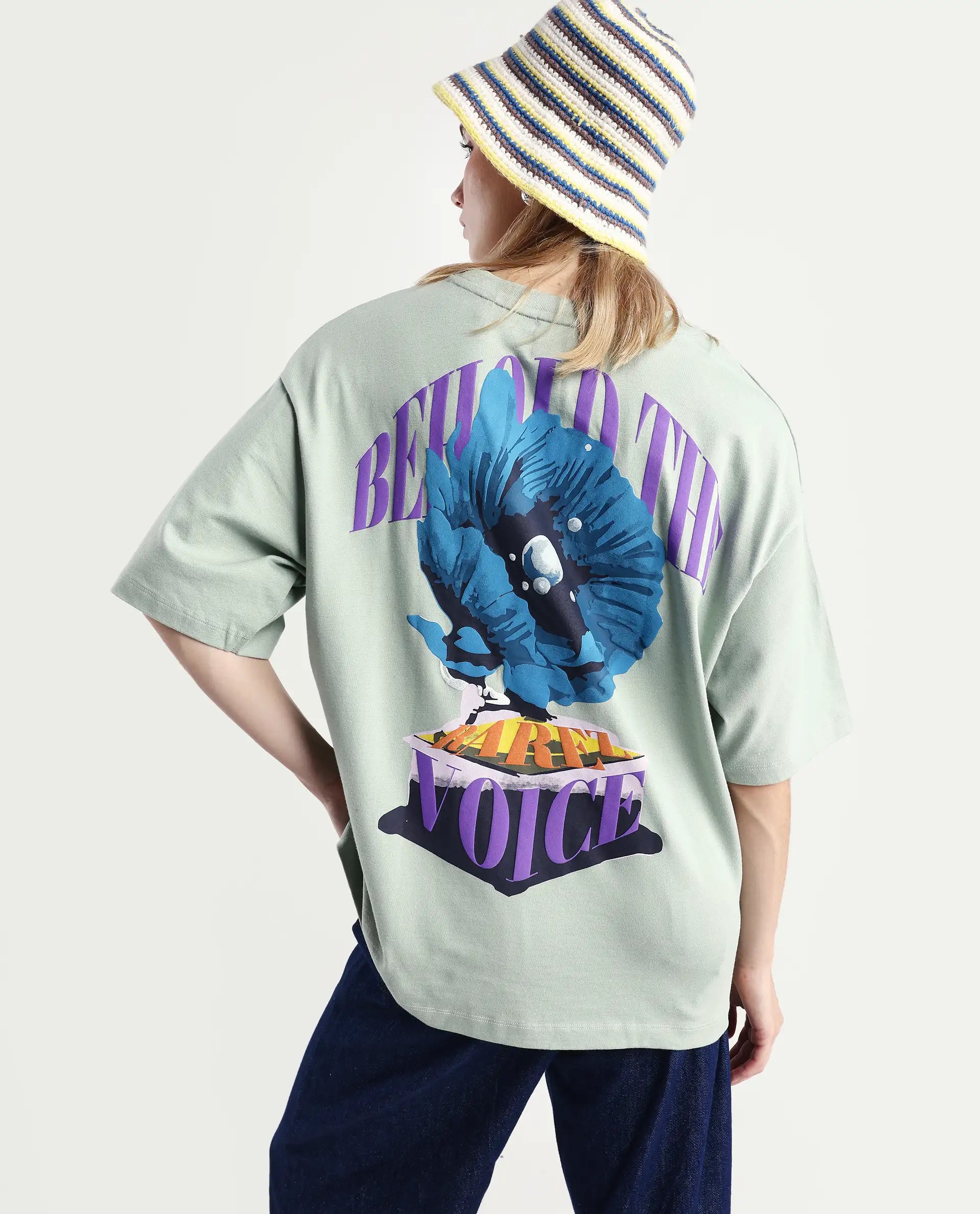 Rareism Women's Voltz Green Cotton Graphic Print Oversized T-Shirt