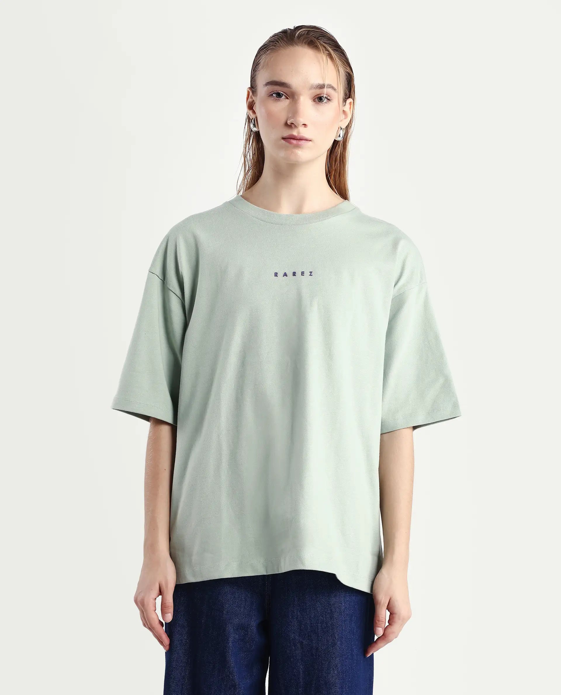 Rareism Women's Voltz Green Cotton Graphic Print Oversized T-Shirt