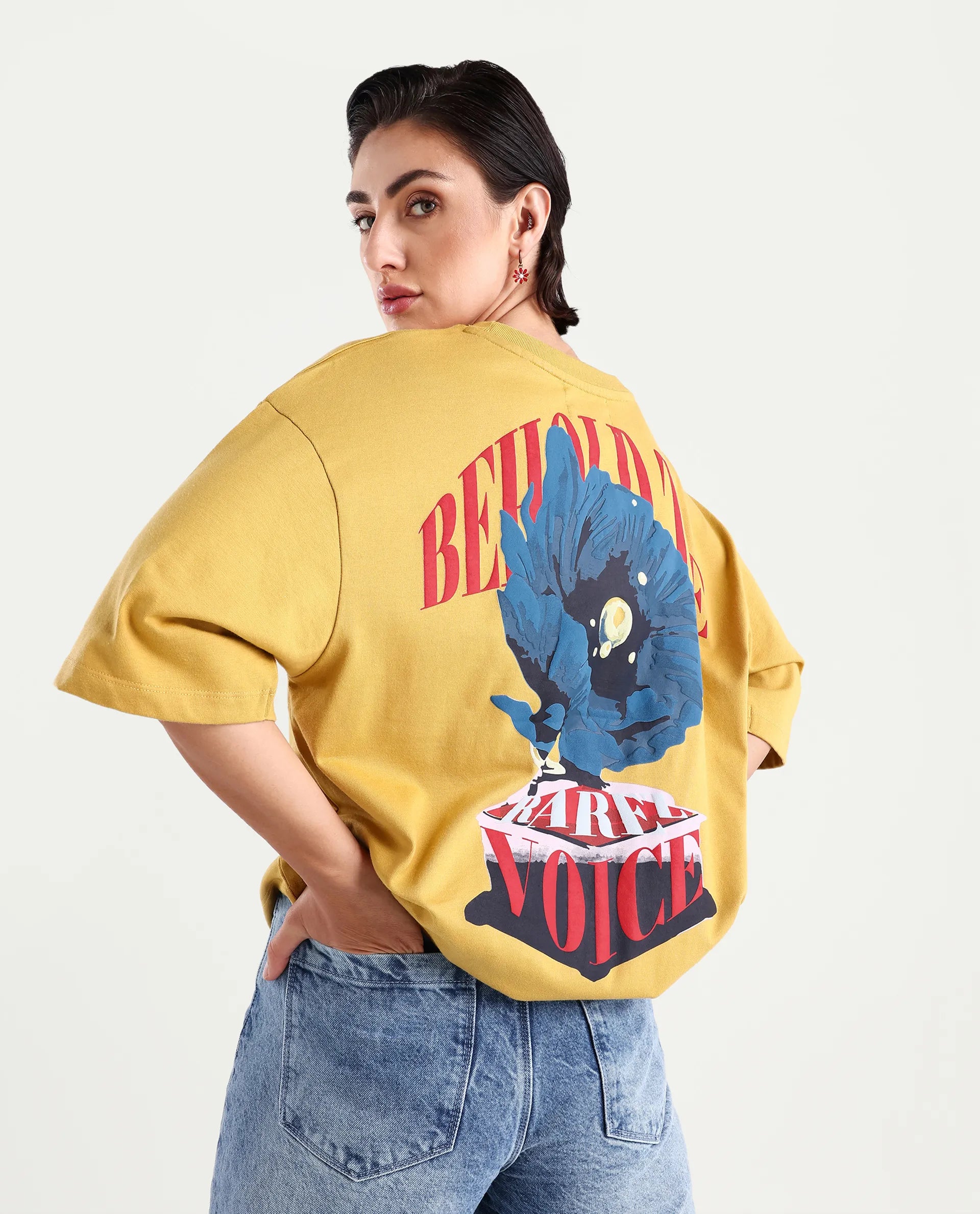 Rareism Women's Voltz Yellow Cotton Graphic Print Oversized T-Shirt