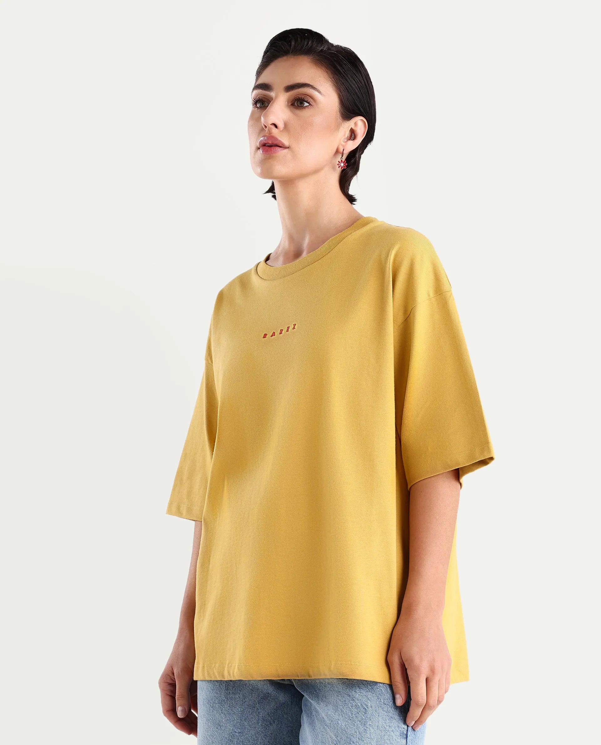 Rareism Women's Voltz Yellow Cotton Graphic Print Oversized T-Shirt