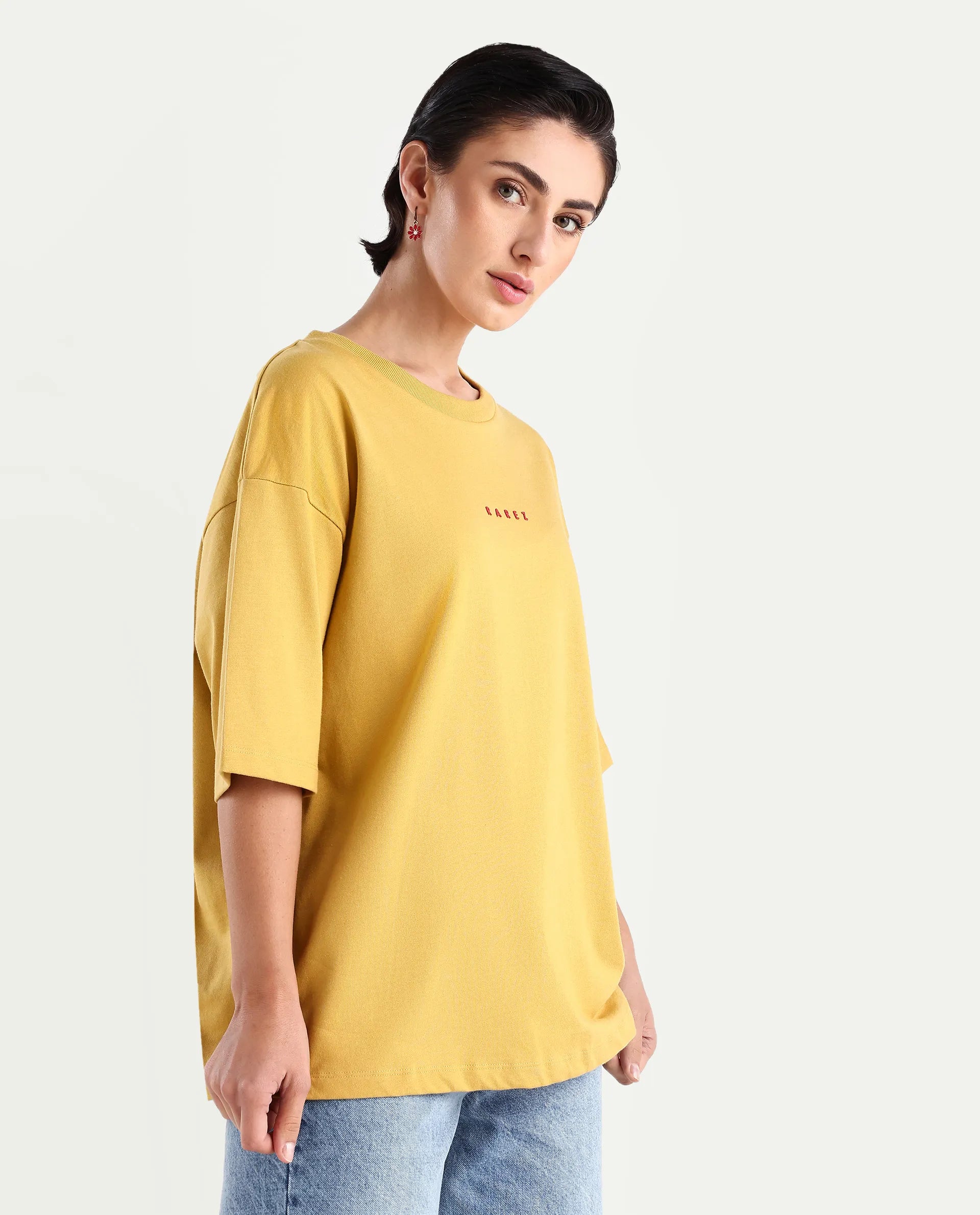 Rareism Women's Voltz Yellow Cotton Graphic Print Oversized T-Shirt