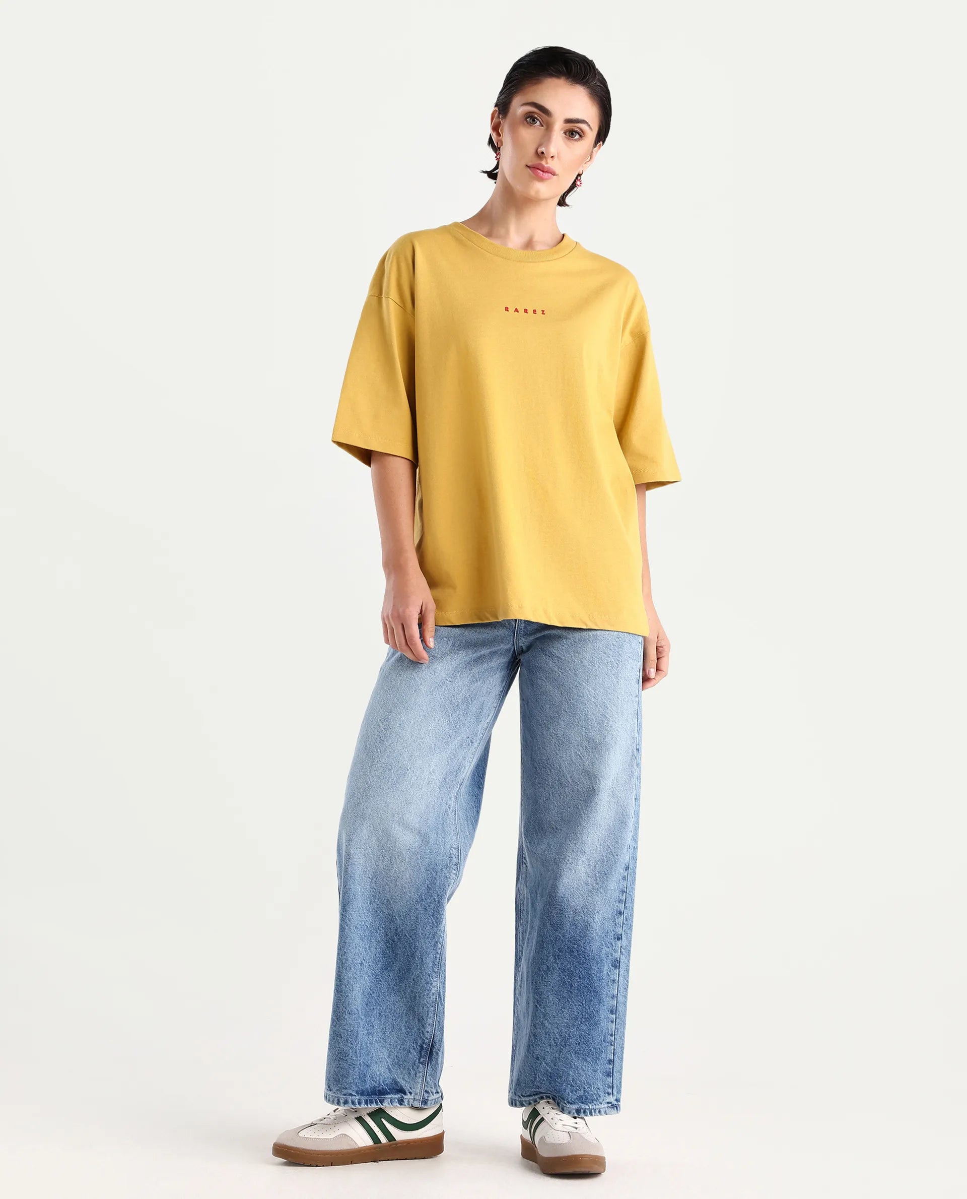 Rareism Women's Voltz Yellow Cotton Graphic Print Oversized T-Shirt