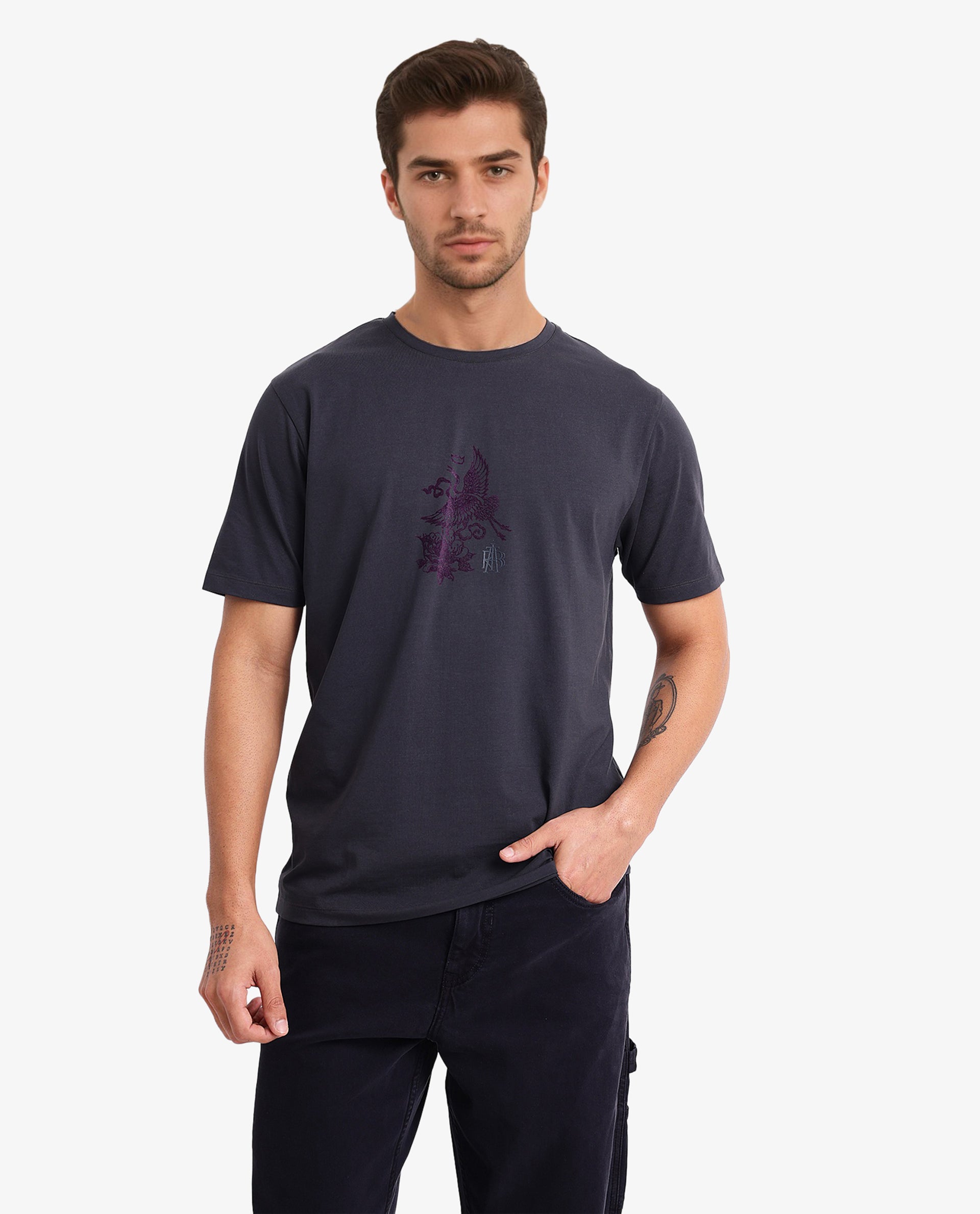 Rare Rabbit Men Volvo Dark Grey Cotton Lycra Fabric Short Sleeve Crew Neck Regular Fit Graphic Print T-Shirt