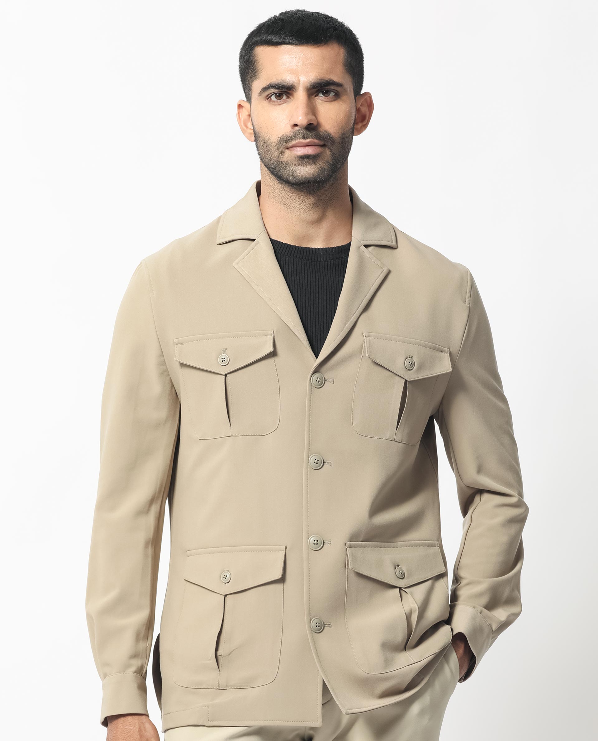 Rare Rabbit Men's Voyage Light Khaki Polyester Plain Tailored Fit Full Sleeve Lapel Neck Jacket
