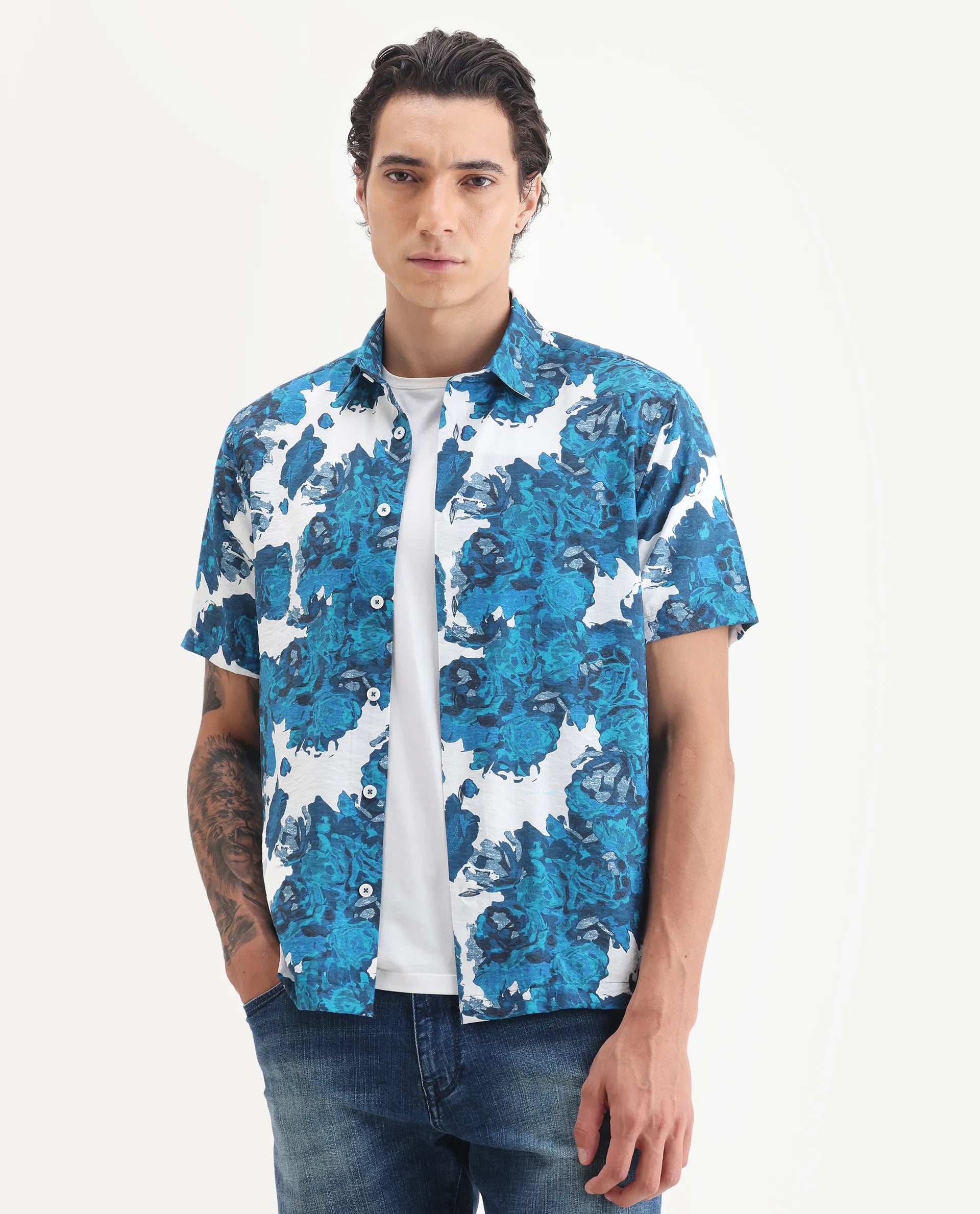 Rare Rabbit Men's Vyla Blue Viscose Fabric Collared Neck Regular Abstract Print Shirt
