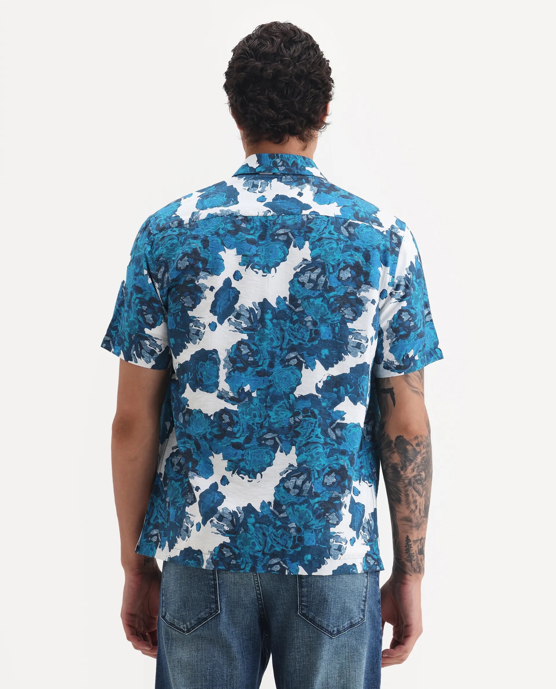 Rare Rabbit Men's Vyla Blue Viscose Fabric Collared Neck Regular Abstract Print Shirt