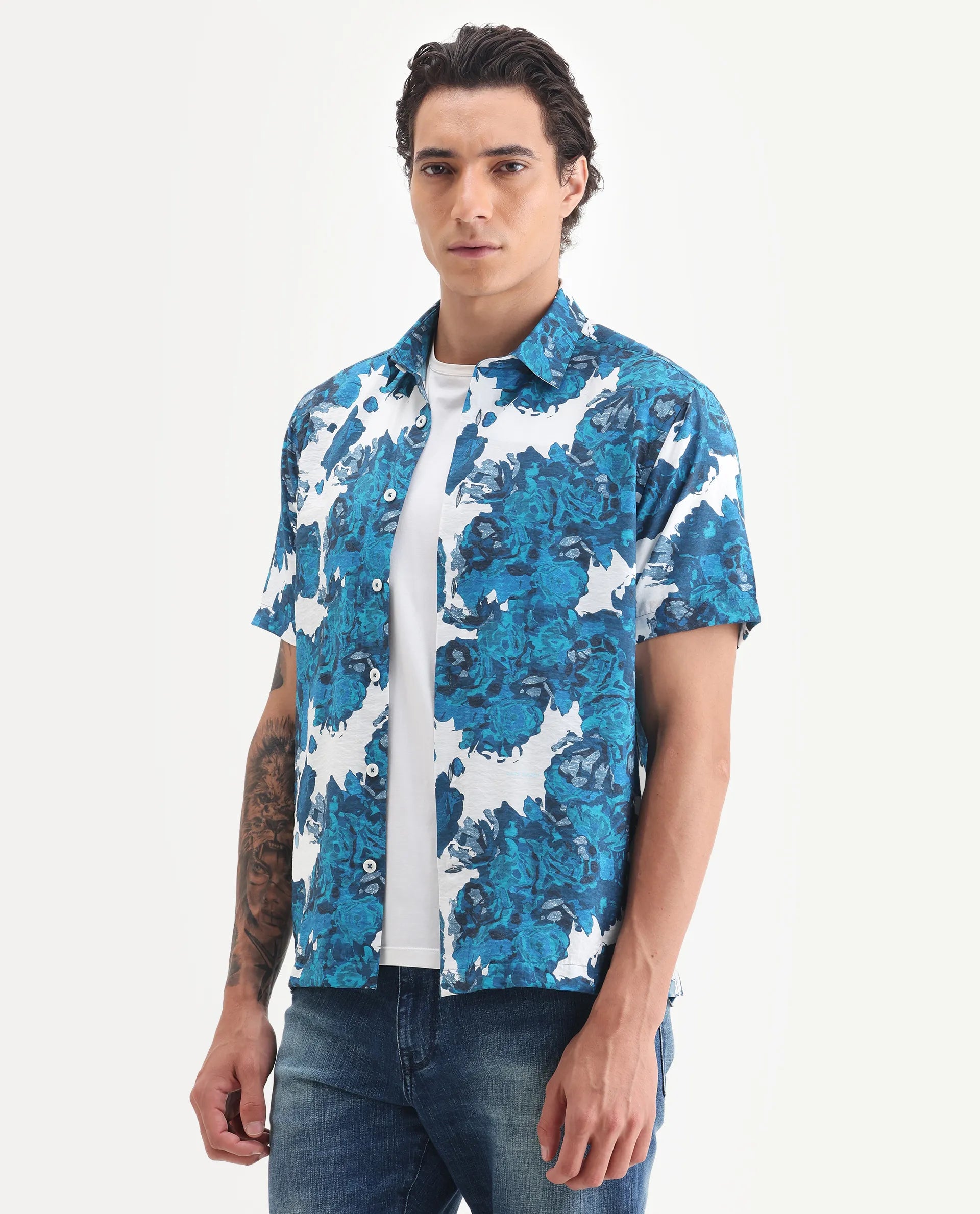 Rare Rabbit Men's Vyla Blue Viscose Fabric Collared Neck Regular Abstract Print Shirt