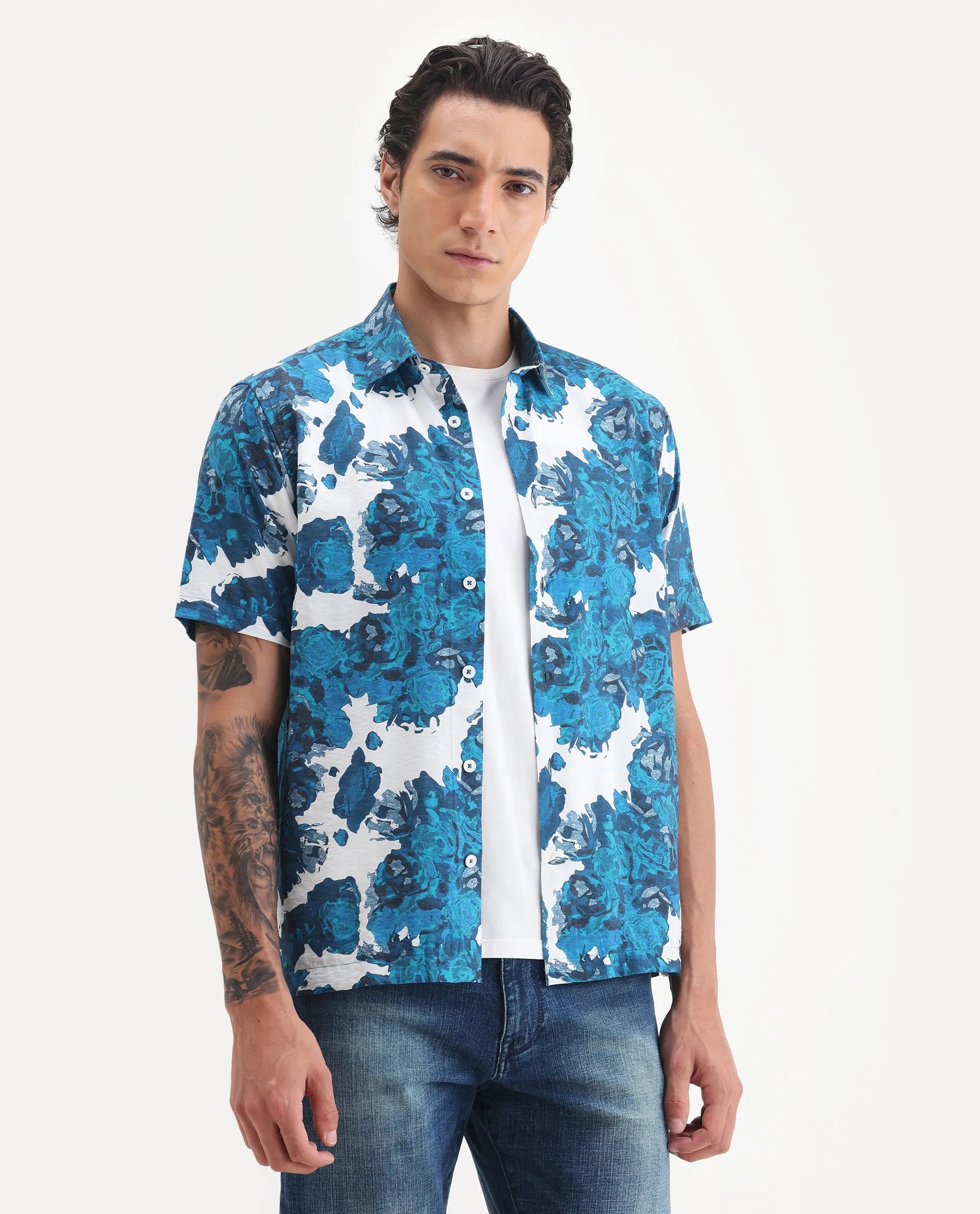 Rare Rabbit Men's Vyla Blue Viscose Fabric Collared Neck Regular Abstract Print Shirt