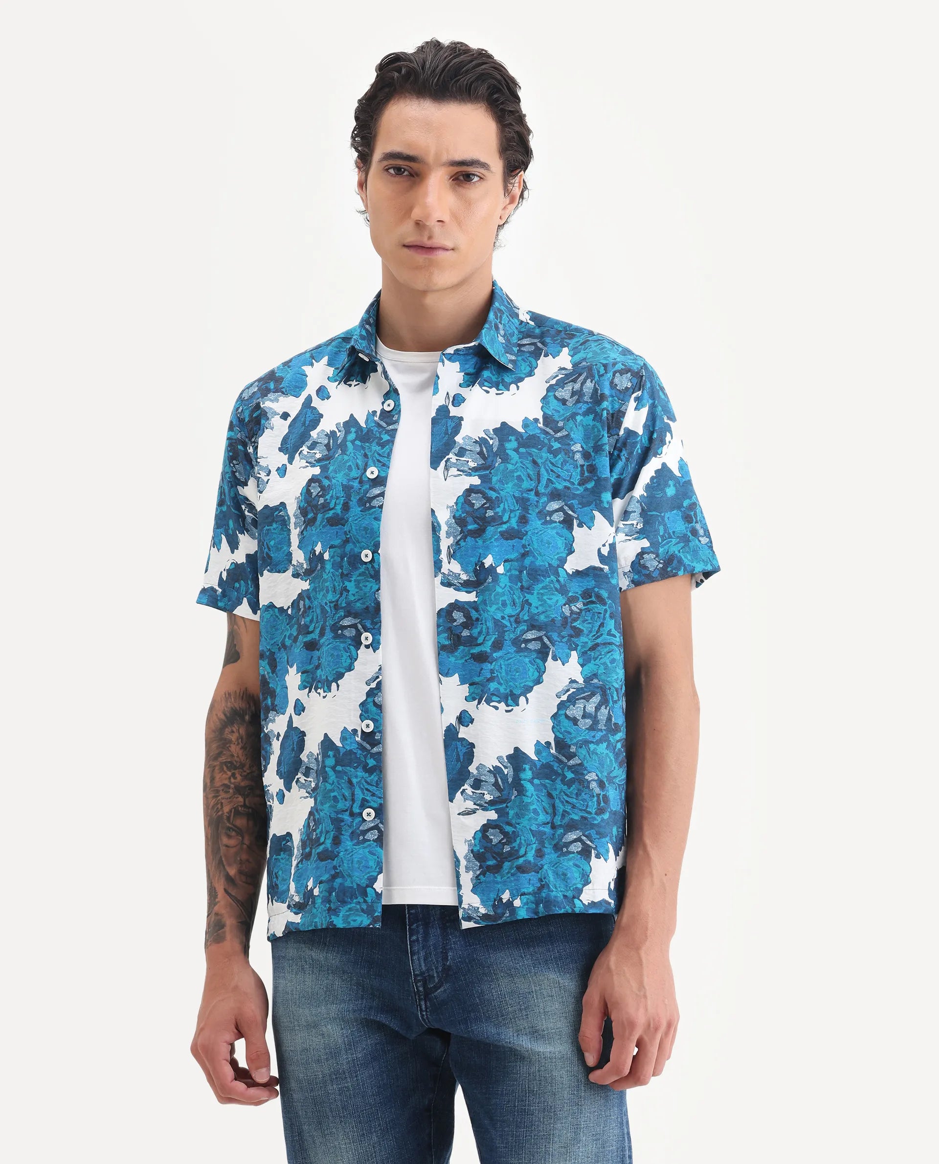 Rare Rabbit Men's Vyla Blue Viscose Fabric Collared Neck Regular Abstract Print Shirt