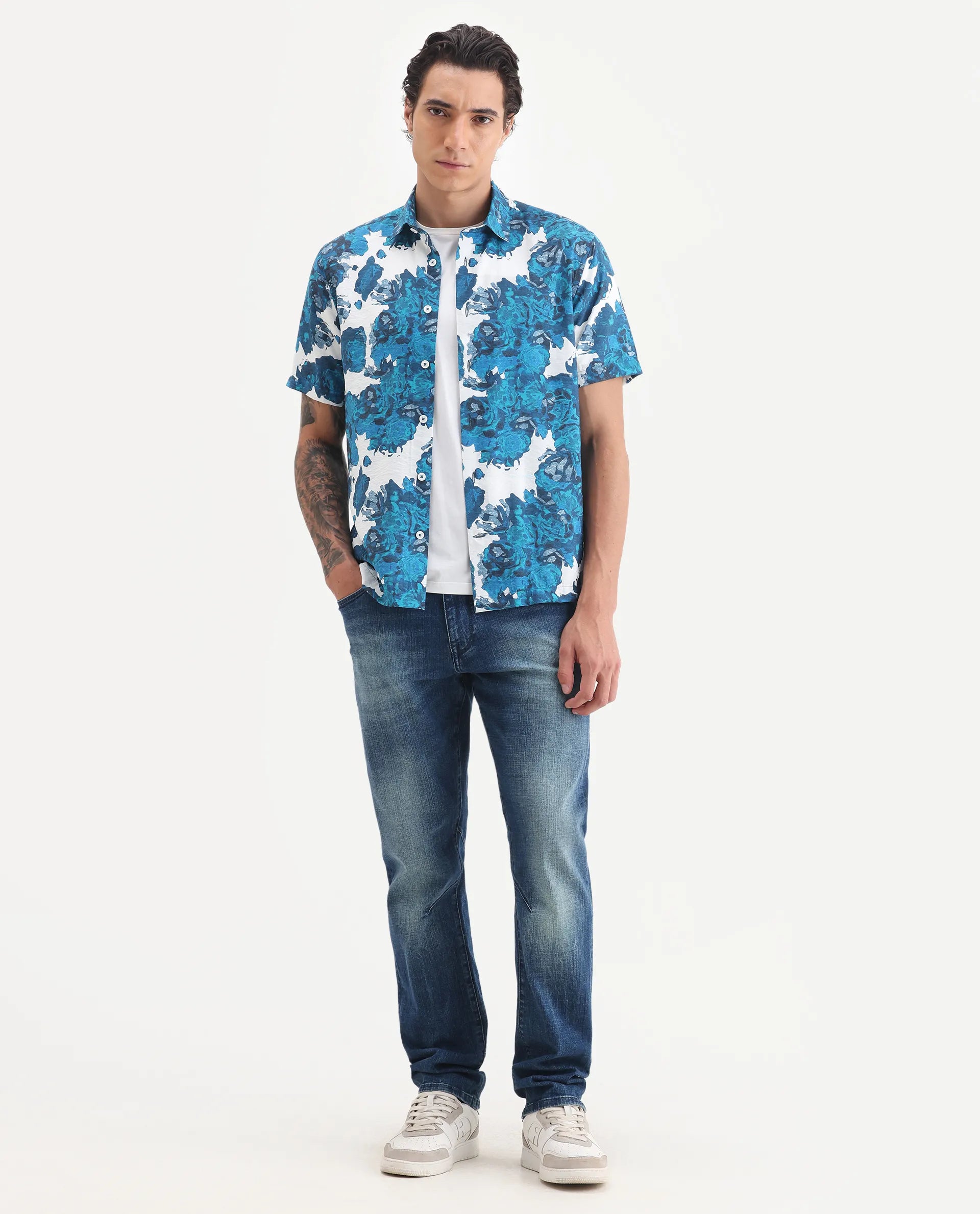 Rare Rabbit Men's Vyla Blue Viscose Fabric Collared Neck Regular Abstract Print Shirt