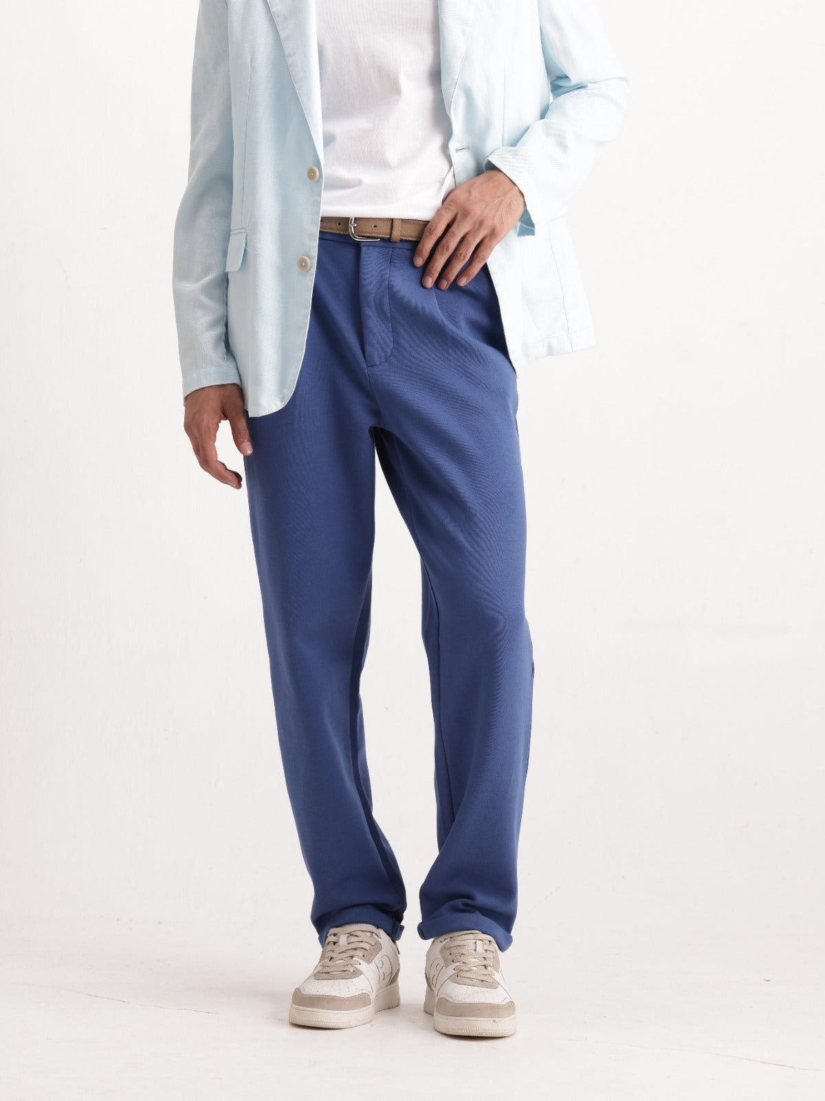 Rare Rabbit Men's Vyra Dusky Blue Cotton Blend  Relaxed Plain Trouser