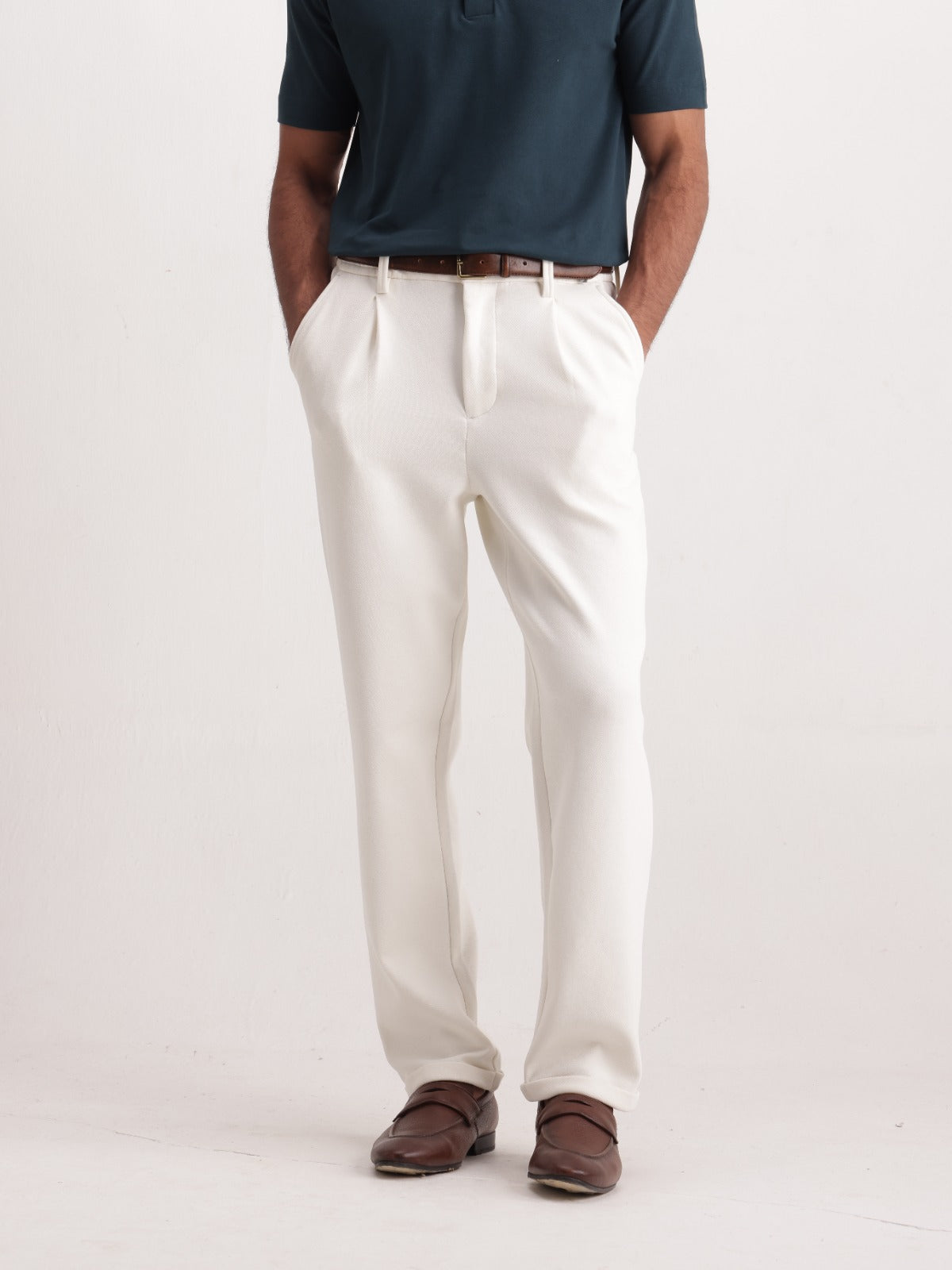Rare Rabbit Men's Vyra White Cotton Blend  Relaxed Plain Trouser