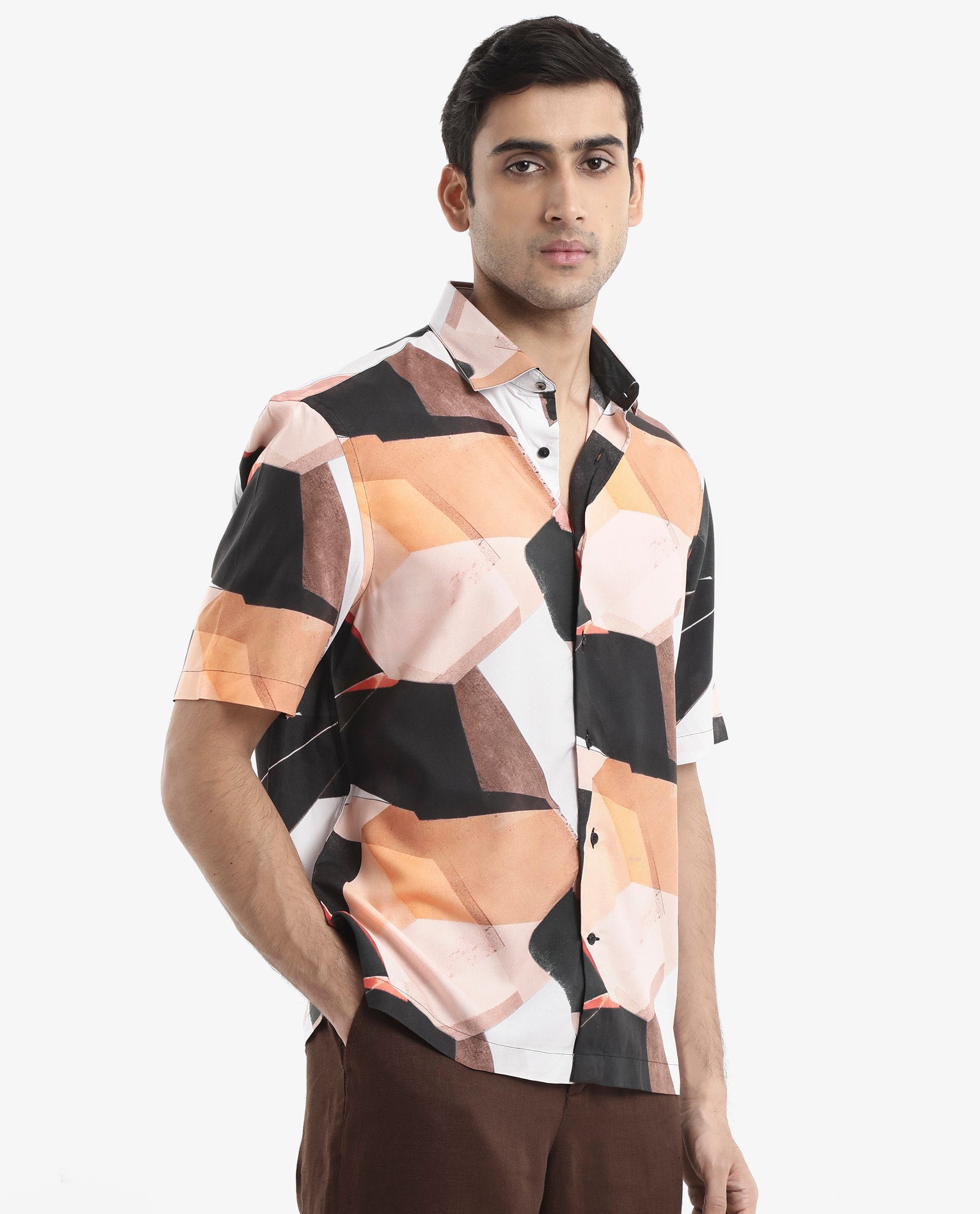 Rare Rabbit Men's Wabe Black Viscose Fabric Short Sleeve Boxy Fit Abstract Print Shirt
