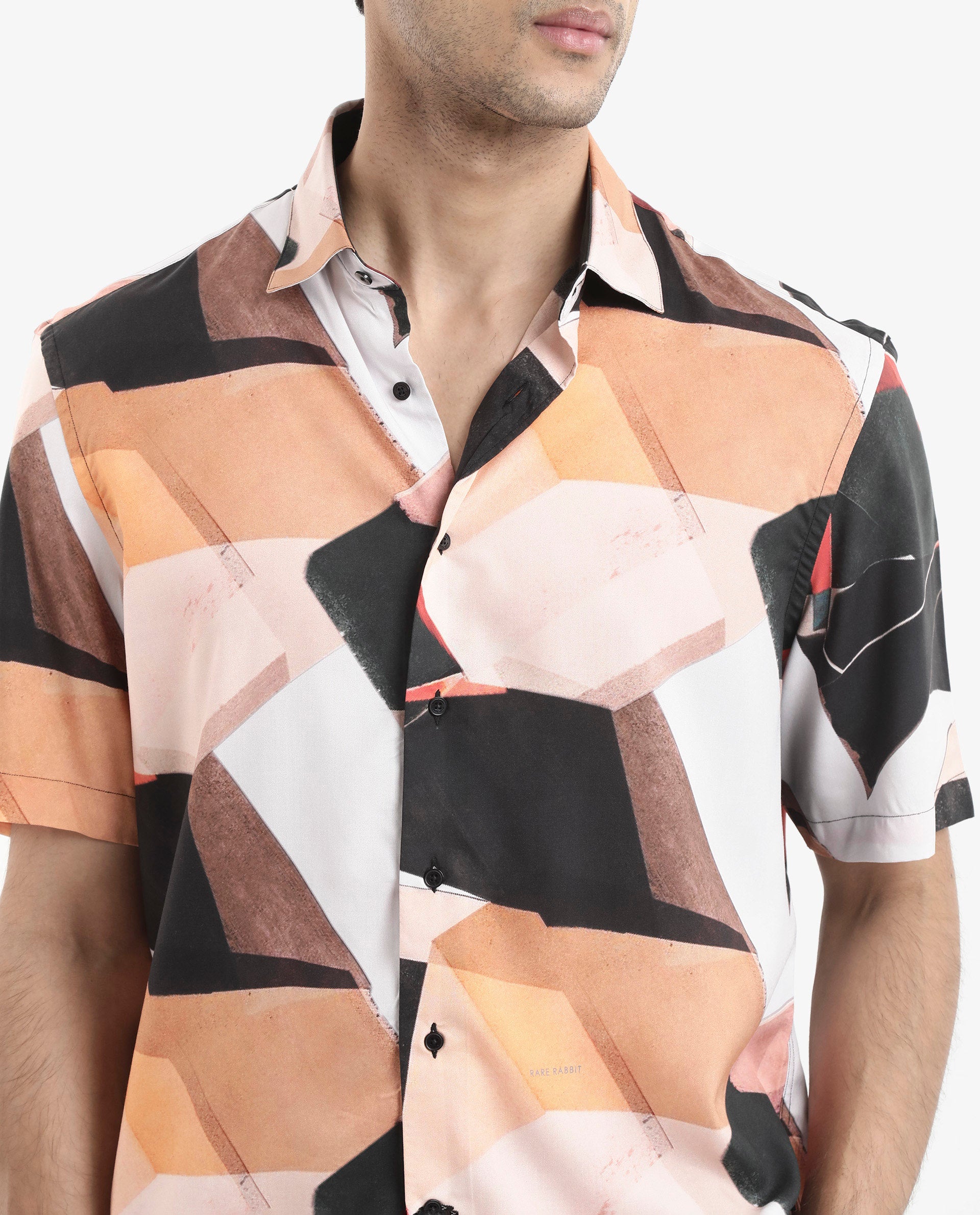 Rare Rabbit Men's Wabe Black Viscose Fabric Short Sleeve Boxy Fit Abstract Print Shirt