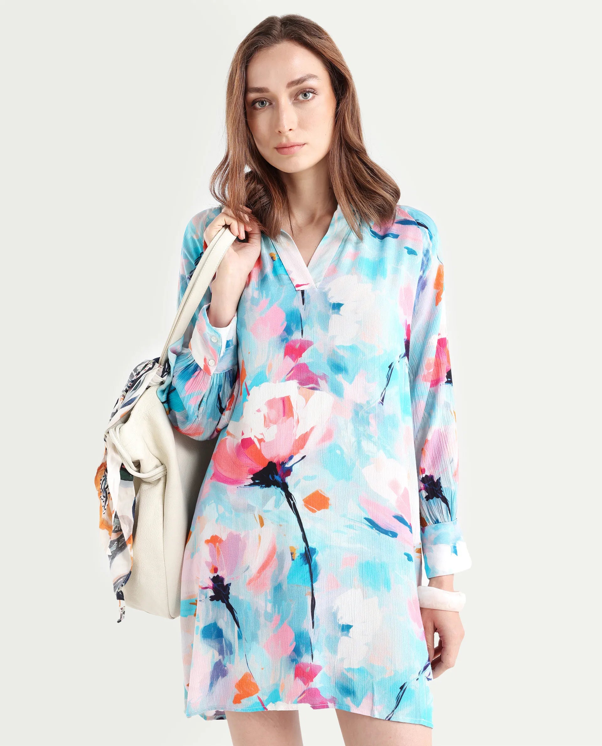 Rareism Women's Wadd Flouroscent Multi Cotton Blend Drop Collar Floral Print Mini Regular Fit Dress