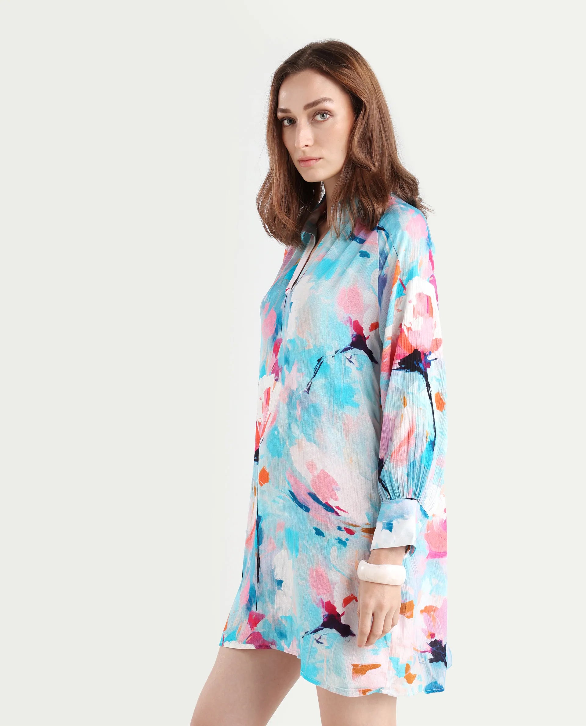 Rareism Women's Wadd Flouroscent Multi Cotton Blend Drop Collar Floral Print Mini Regular Fit Dress