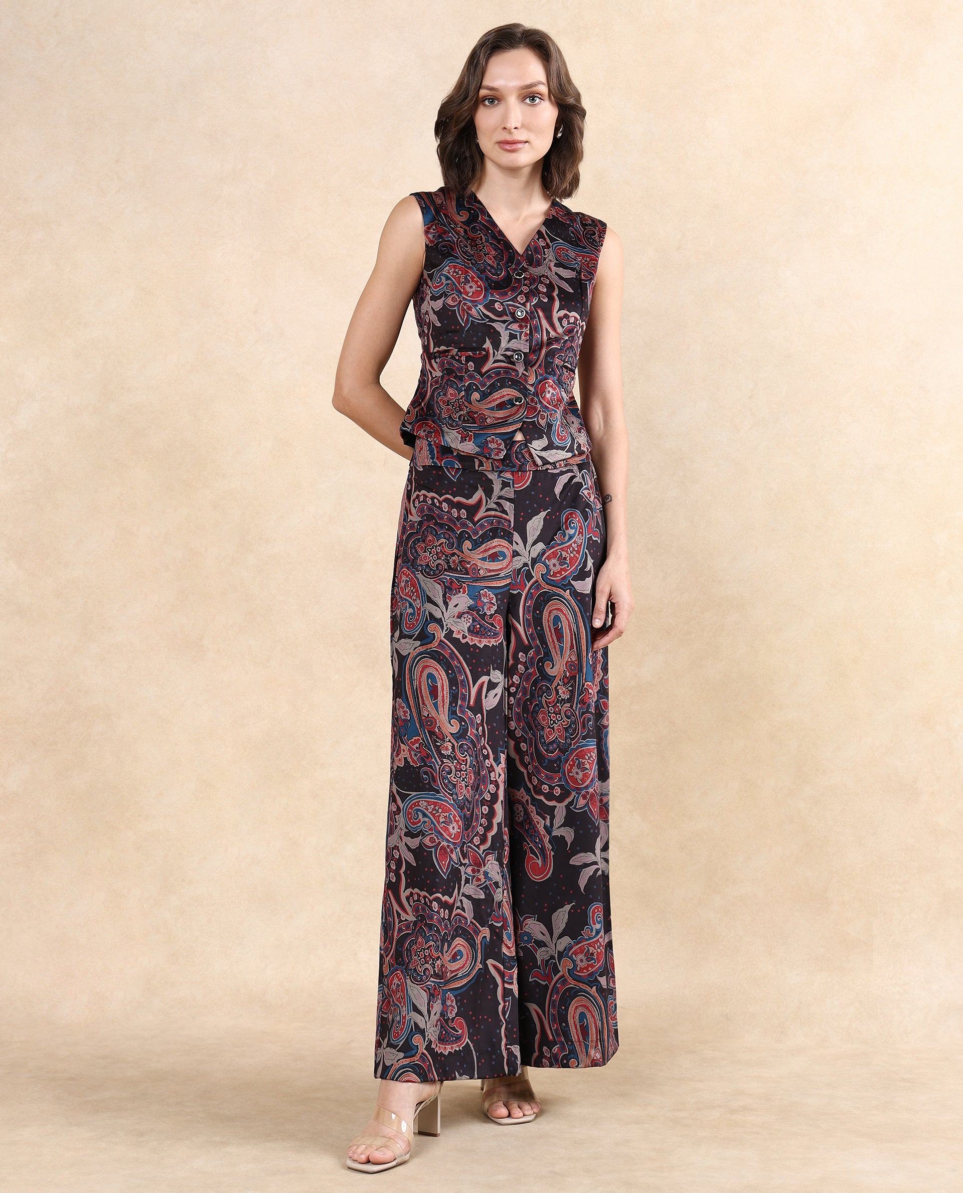 Rareism Women Remen Multi Velvet Sleeveless V-Neck Button Closure Fitted Paisley Print Waist Coat