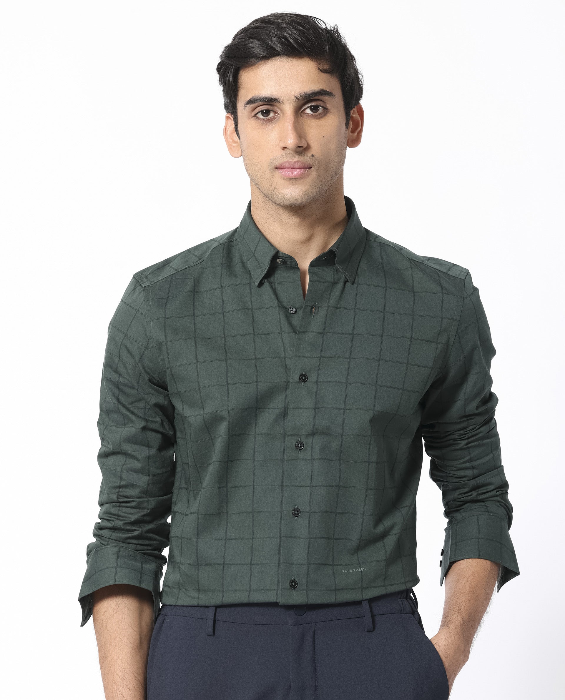 Rare Rabbit Men's Walan Green Cotton Fabric Full Sleeves Checks Shirt