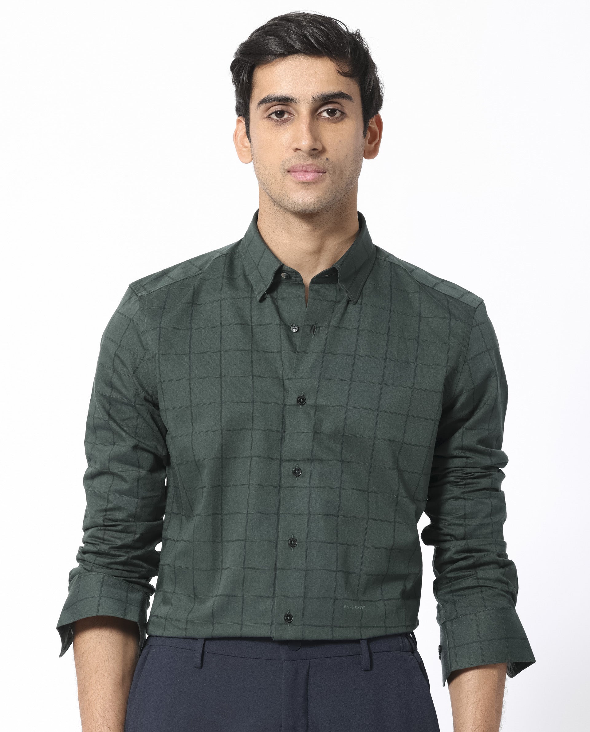 Rare Rabbit Men's Walan Green Cotton Fabric Full Sleeves Checks Shirt