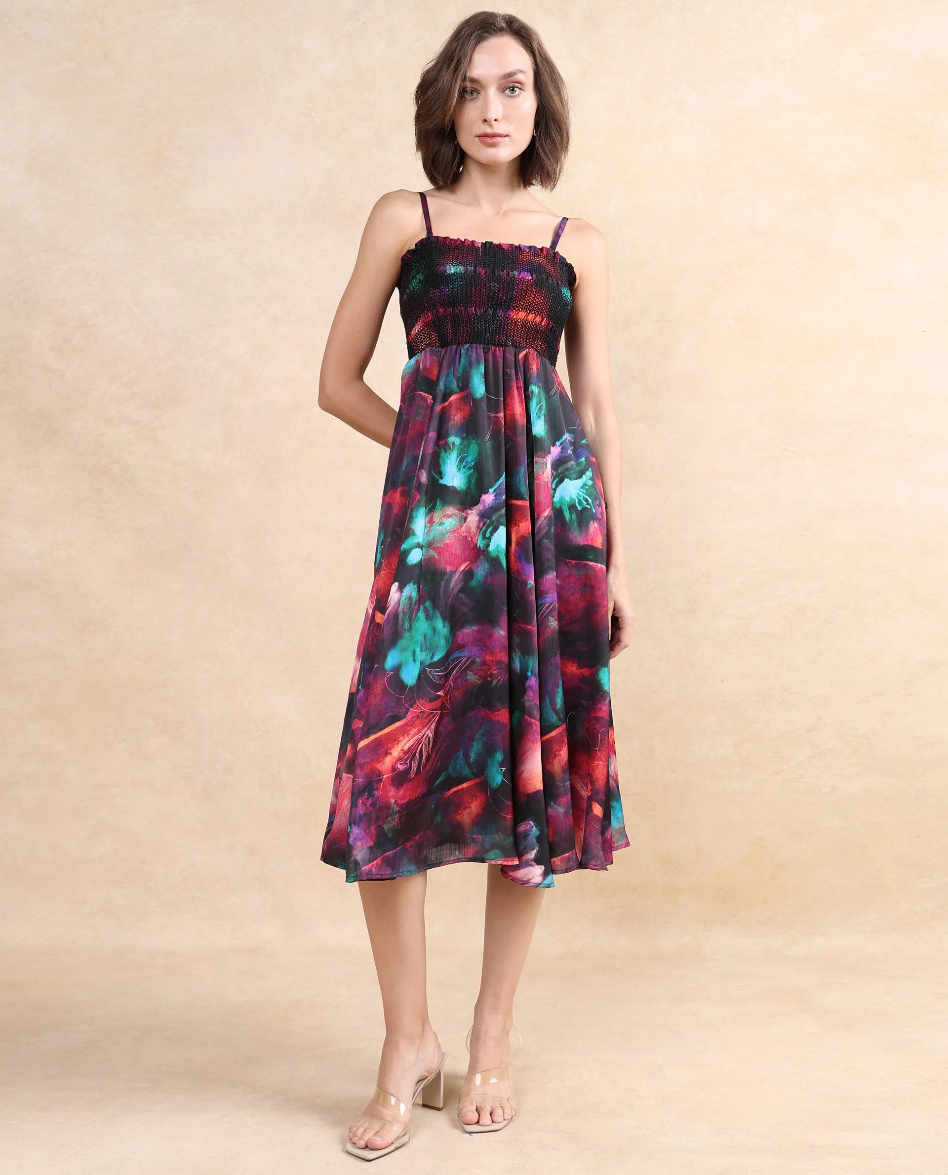 Rareism Women Walbania Dark Multi Sleeveless Tube Neck Fit And Flare Midi Floral Print Dress