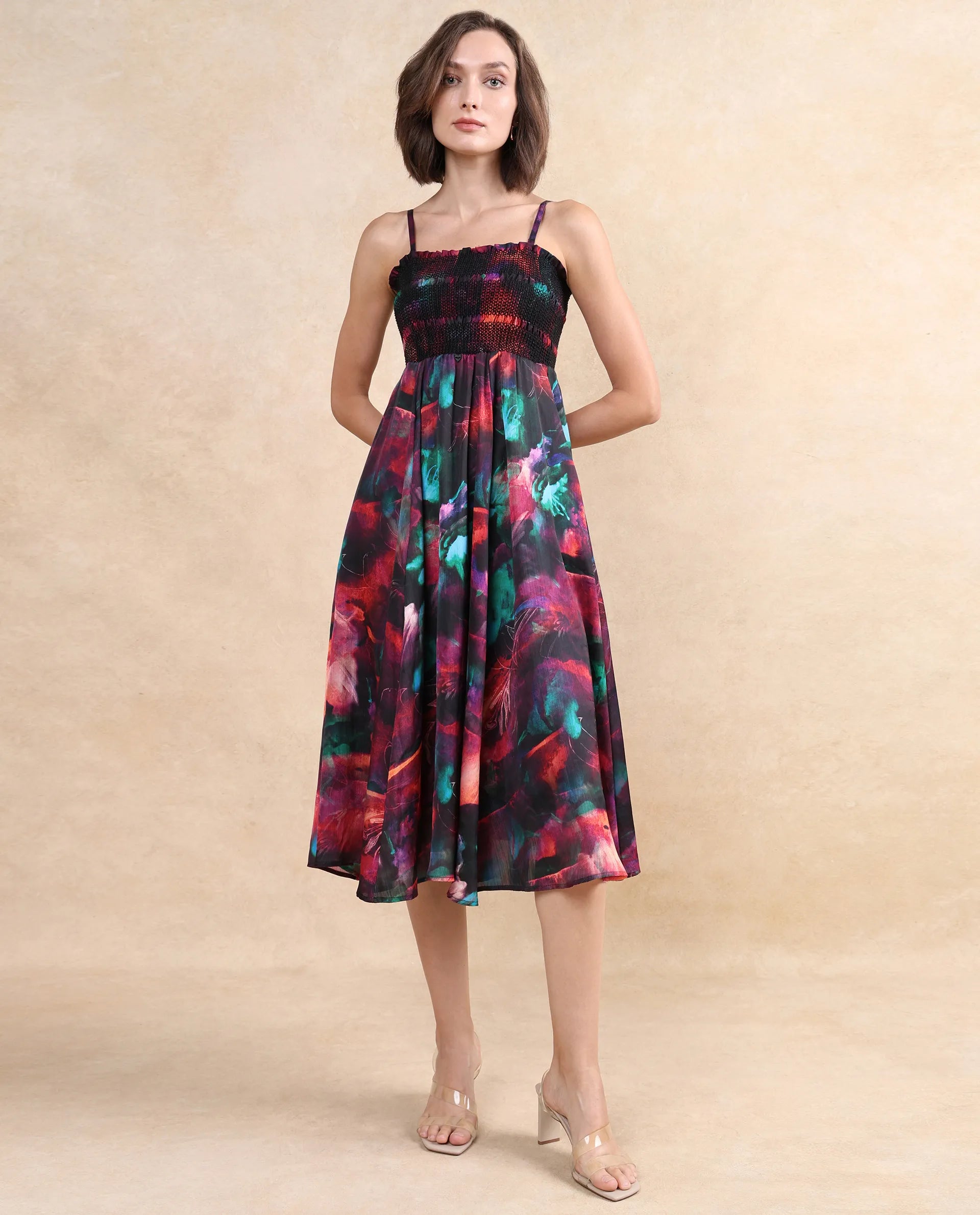 Rareism Women Walbania Dark Multi Sleeveless Tube Neck Fit And Flare Midi Floral Print Dress