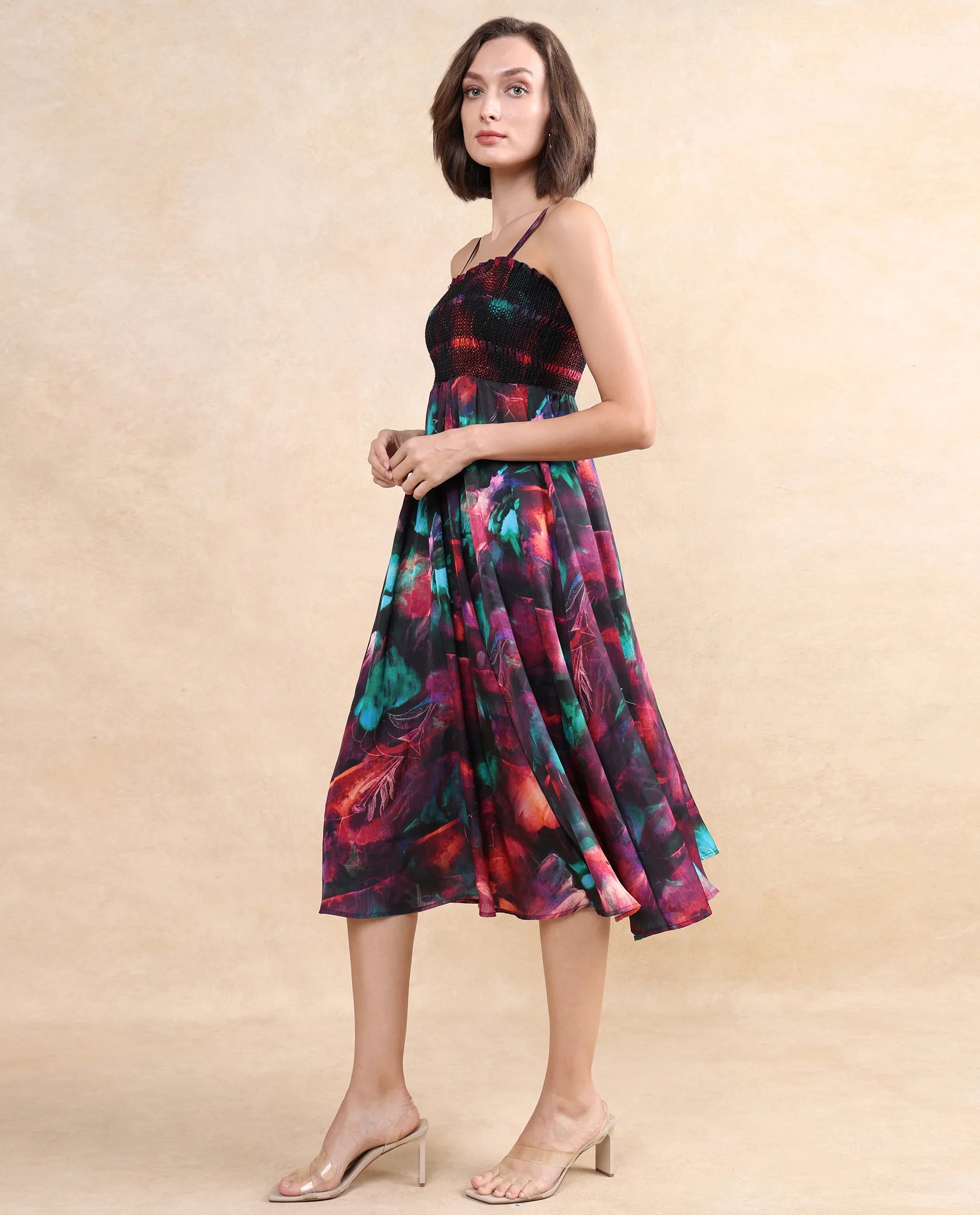 Rareism Women Walbania Dark Multi Sleeveless Tube Neck Fit And Flare Midi Floral Print Dress