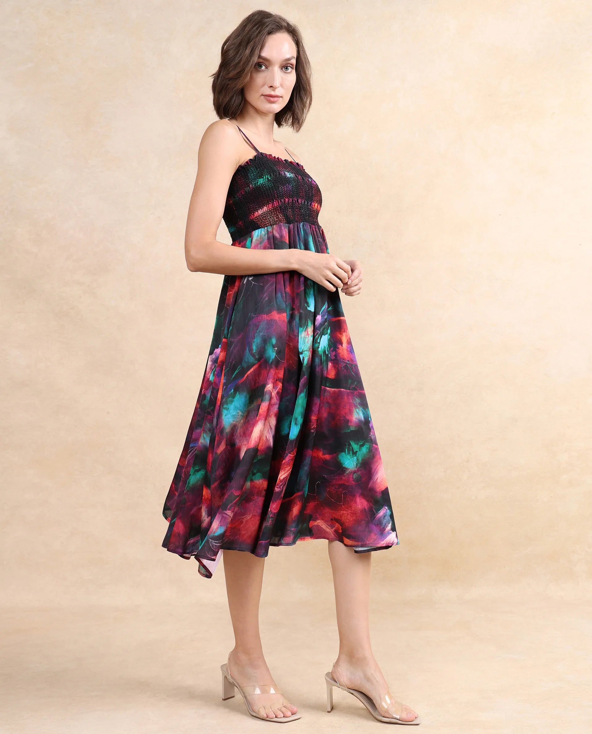 Rareism Women Walbania Dark Multi Sleeveless Tube Neck Fit And Flare Midi Floral Print Dress