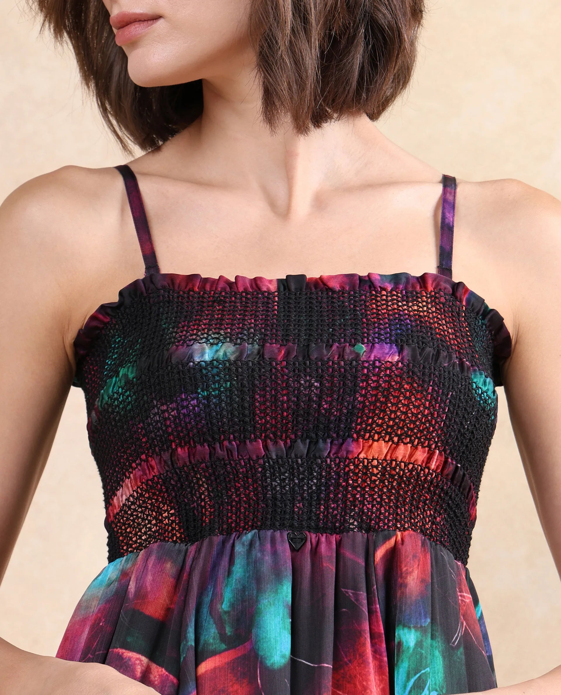 Rareism Women Walbania Dark Multi Sleeveless Tube Neck Fit And Flare Midi Floral Print Dress