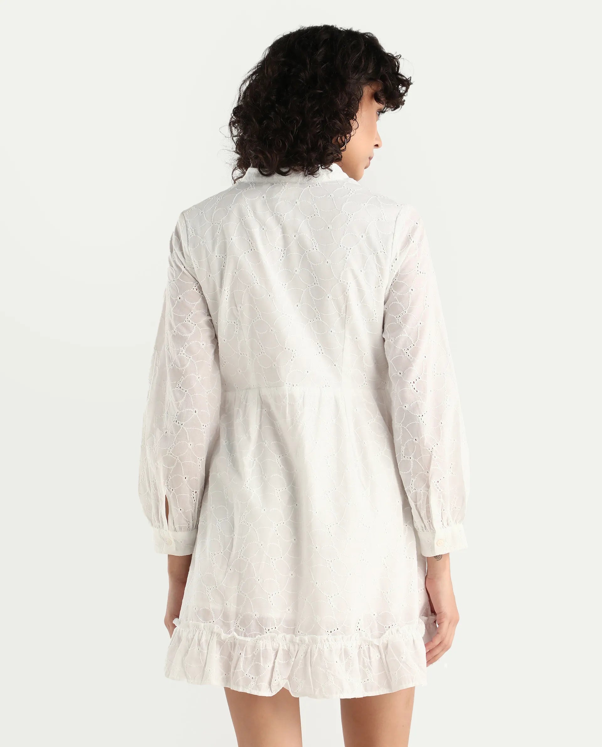 Rareism Women's Walder White Cotton V-Neck Plain Bishop Sleeve Mini A-Line Dress