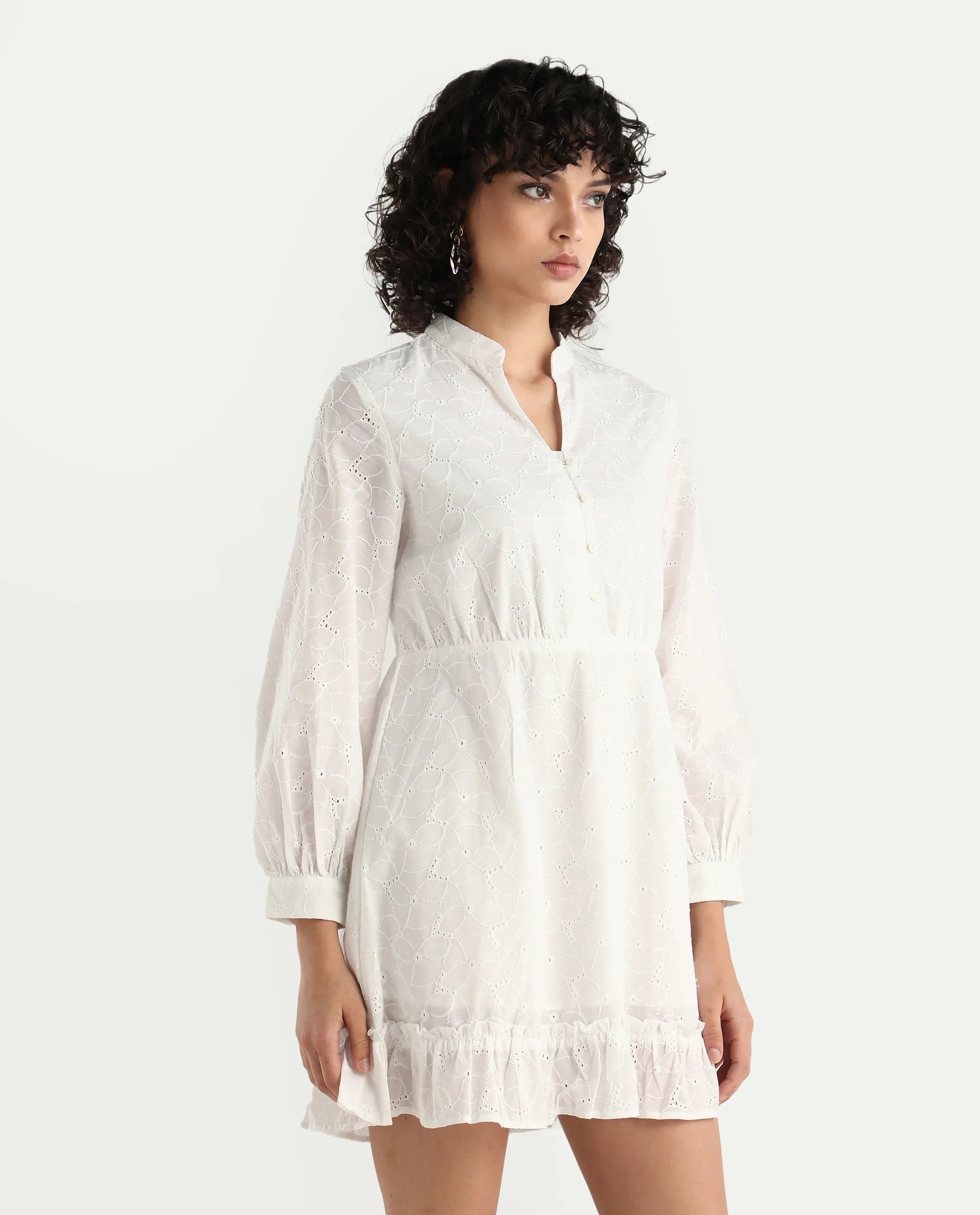 Rareism Women's Walder White Cotton V-Neck Plain Bishop Sleeve Mini A-Line Dress