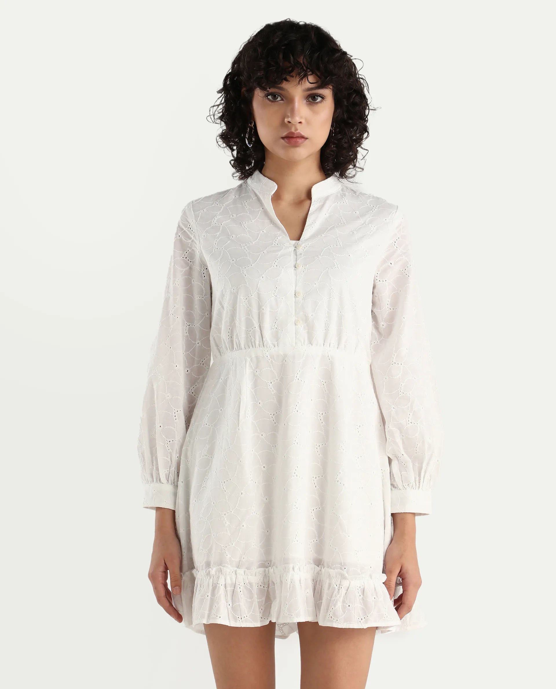 Rareism Women's Walder White Cotton V-Neck Plain Bishop Sleeve Mini A-Line Dress