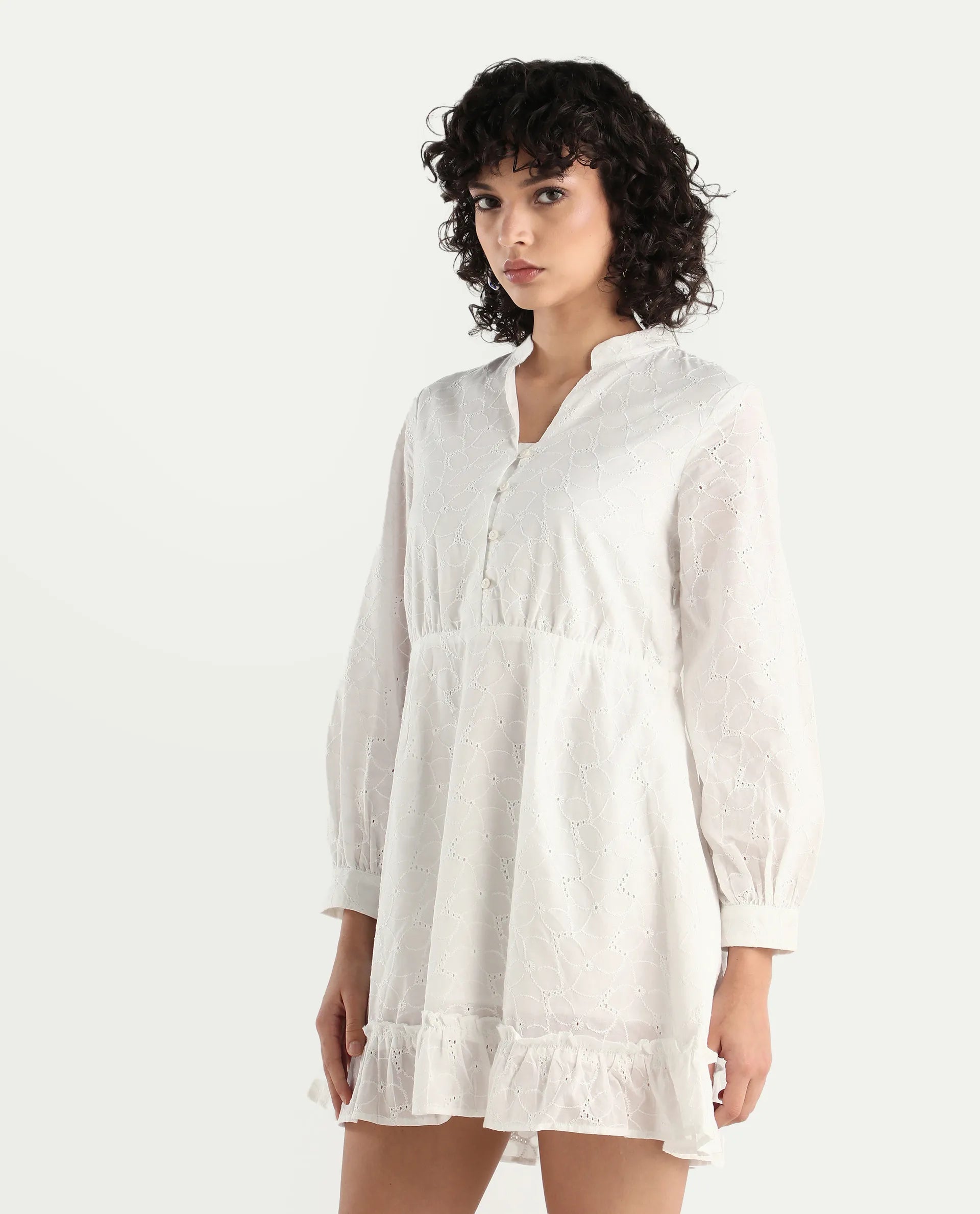 Rareism Women's Walder White Cotton V-Neck Plain Bishop Sleeve Mini A-Line Dress