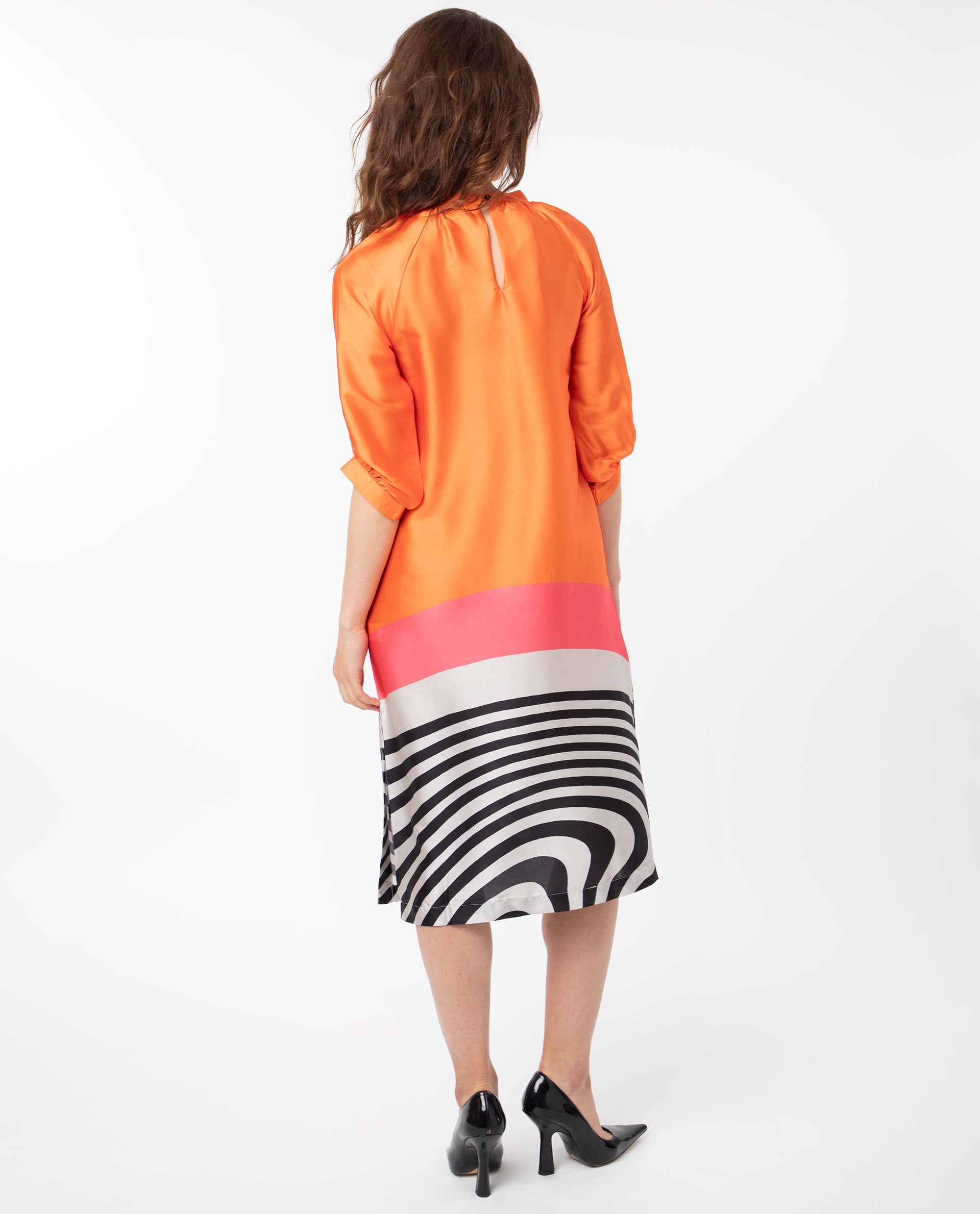 Rareism Women Waldsa Orange Cotton Fabric Short Sleeves High Neck Raglan Sleeve Regular Fit Abstract Print Midi A-Line Dress