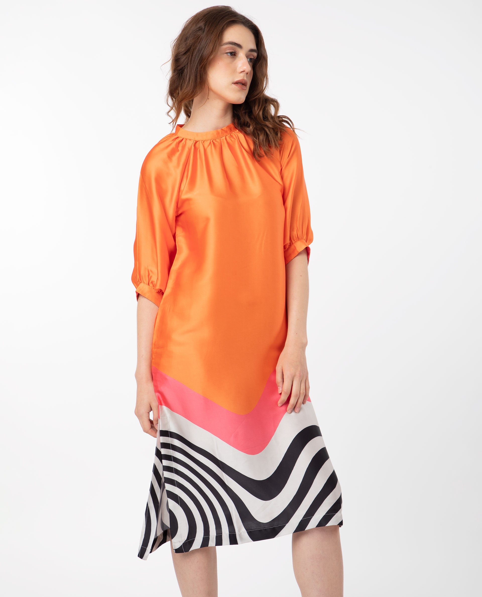 Rareism Women Waldsa Orange Cotton Fabric Short Sleeves High Neck Raglan Sleeve Regular Fit Abstract Print Midi A-Line Dress