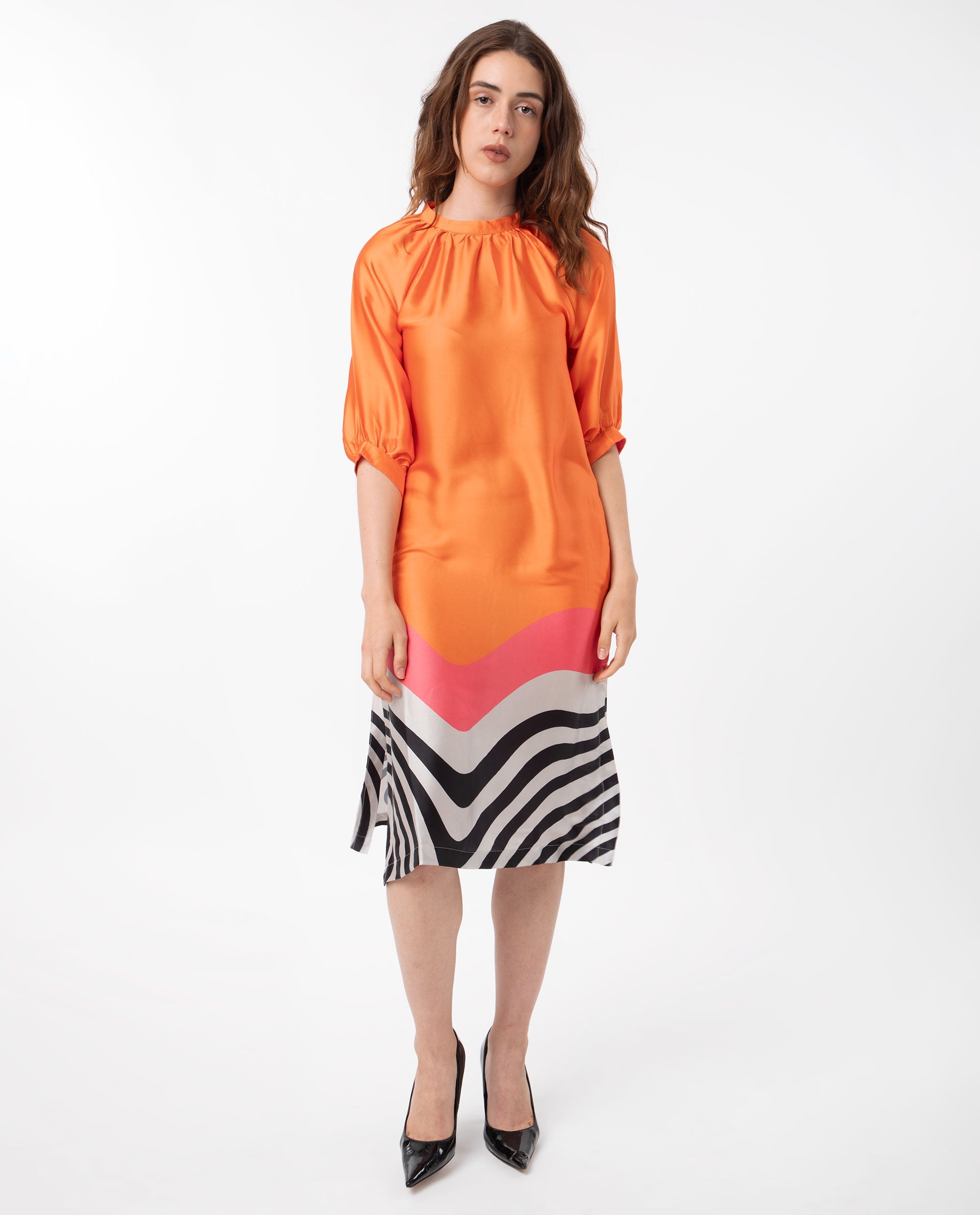 Rareism Women Waldsa Orange Cotton Fabric Short Sleeves High Neck Raglan Sleeve Regular Fit Abstract Print Midi A-Line Dress