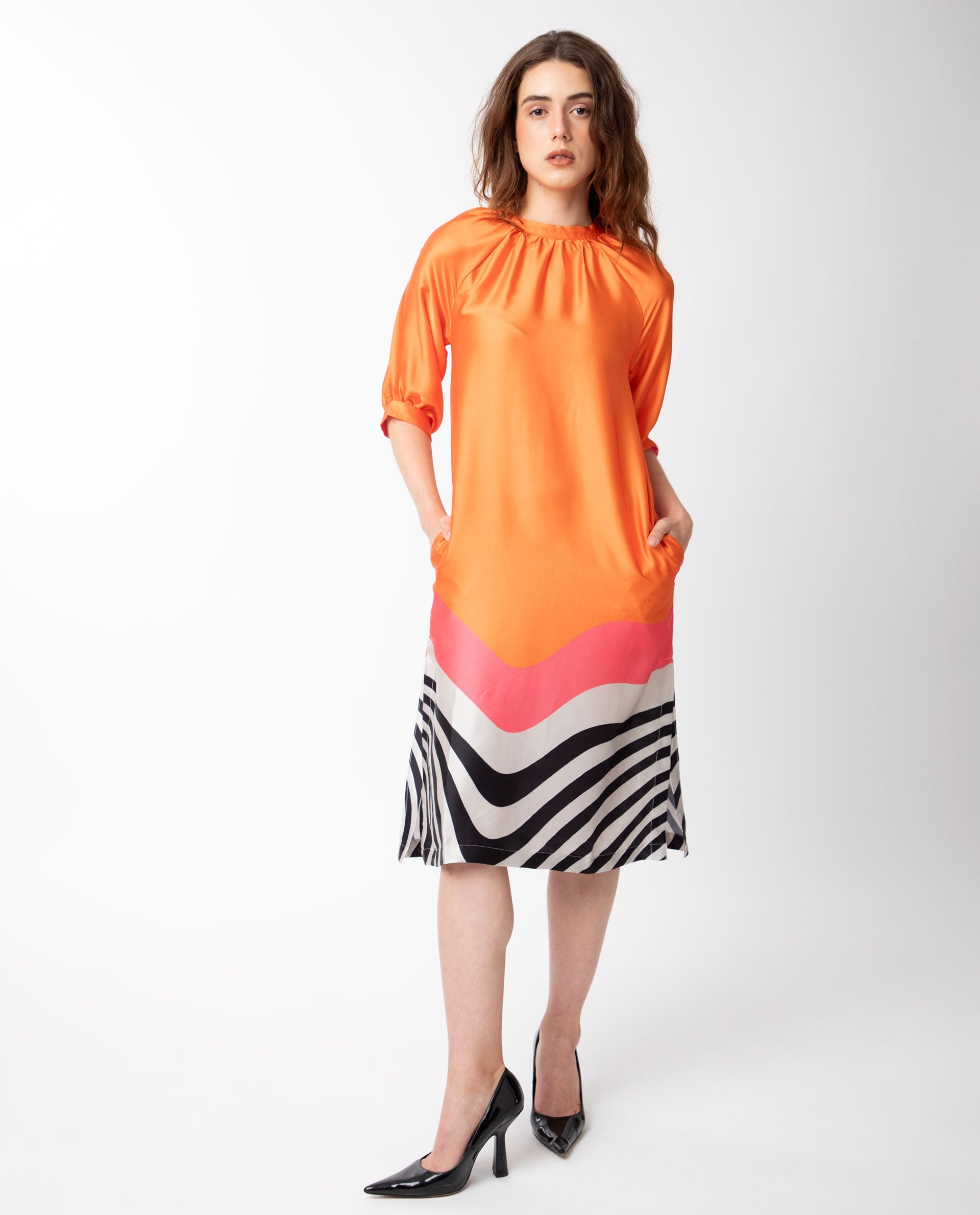 Rareism Women Waldsa Orange Cotton Fabric Short Sleeves High Neck Raglan Sleeve Regular Fit Abstract Print Midi A-Line Dress