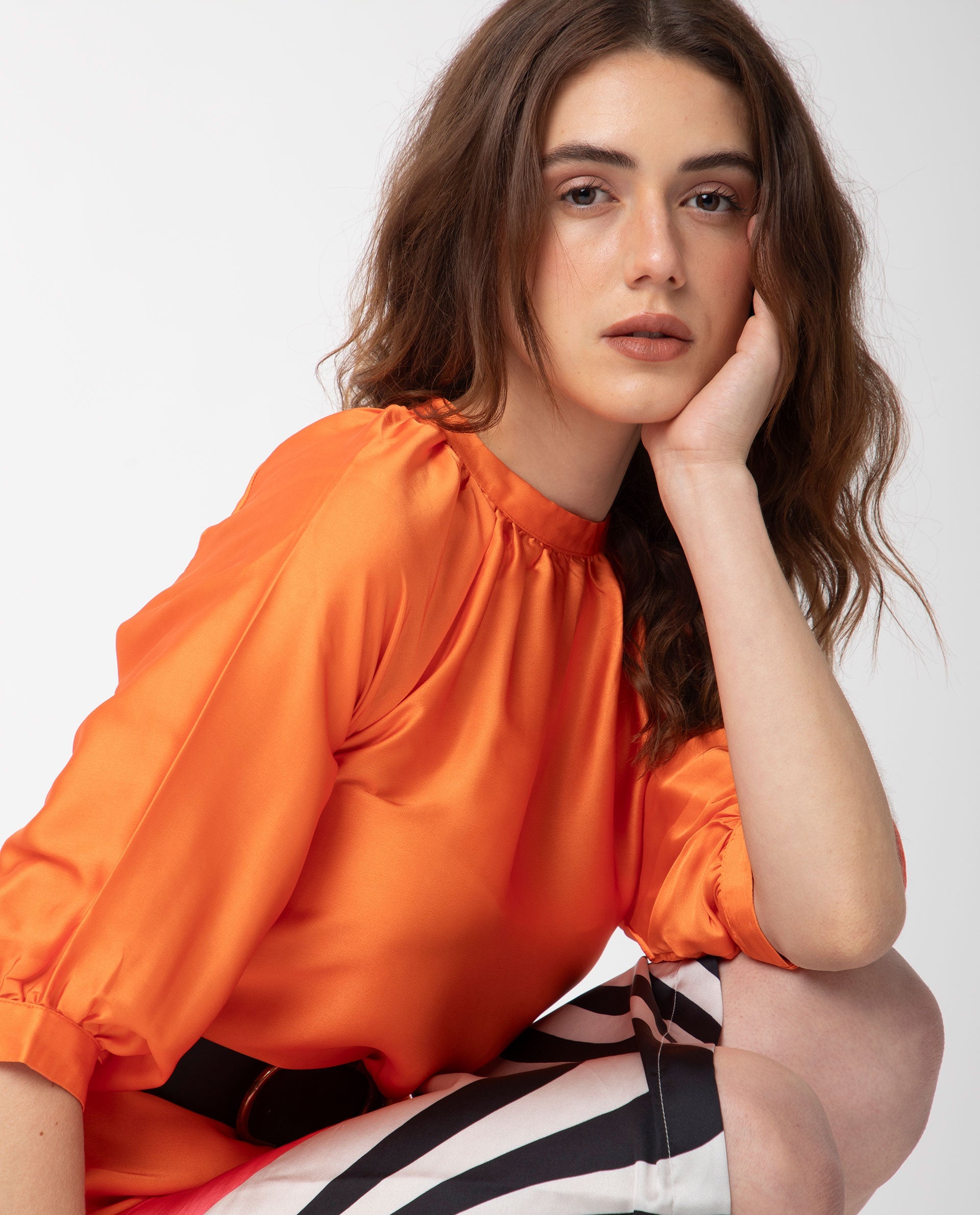 Rareism Women Waldsa Orange Cotton Fabric Short Sleeves High Neck Raglan Sleeve Regular Fit Abstract Print Midi A-Line Dress