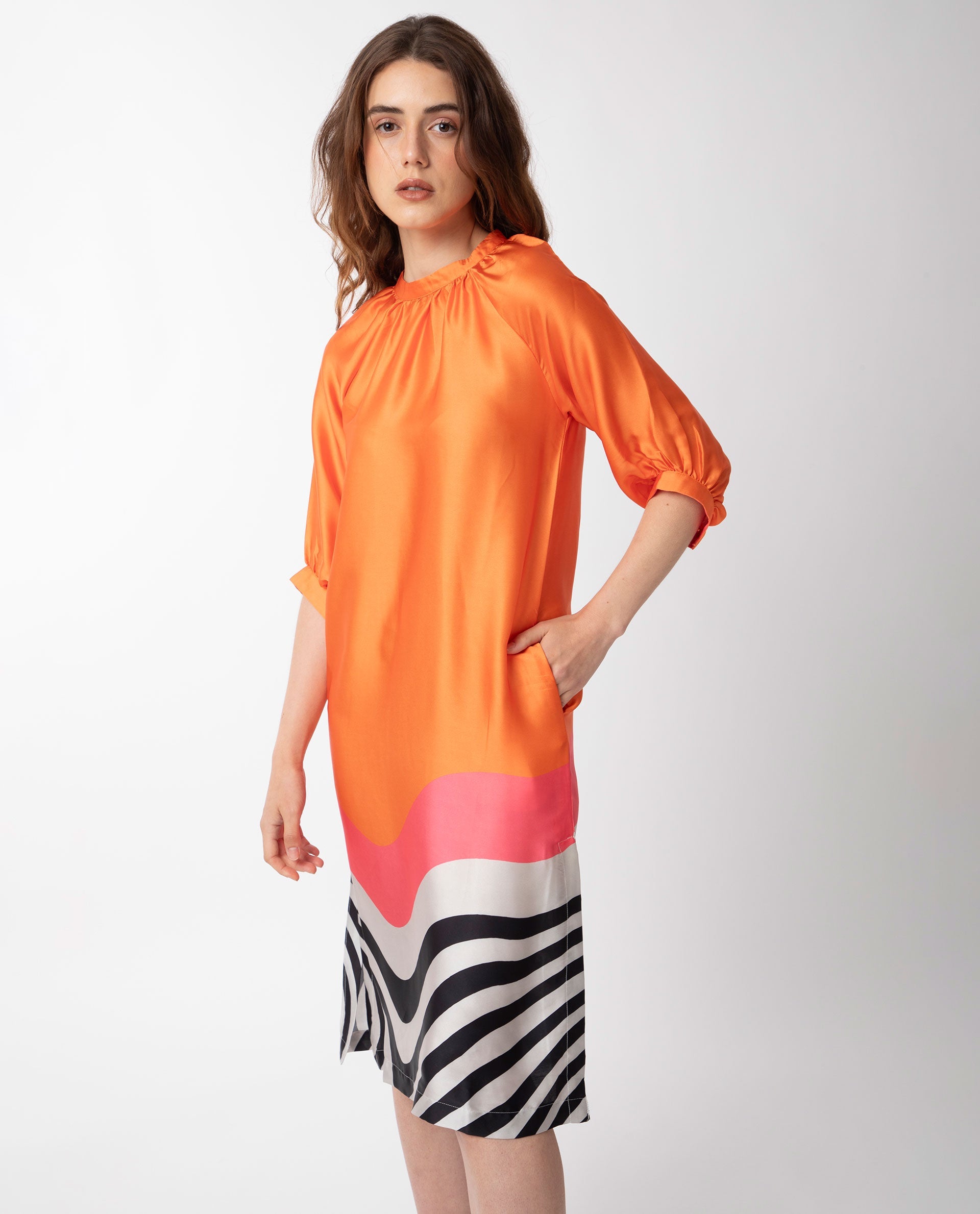 Rareism Women Waldsa Orange Cotton Fabric Short Sleeves High Neck Raglan Sleeve Regular Fit Abstract Print Midi A-Line Dress