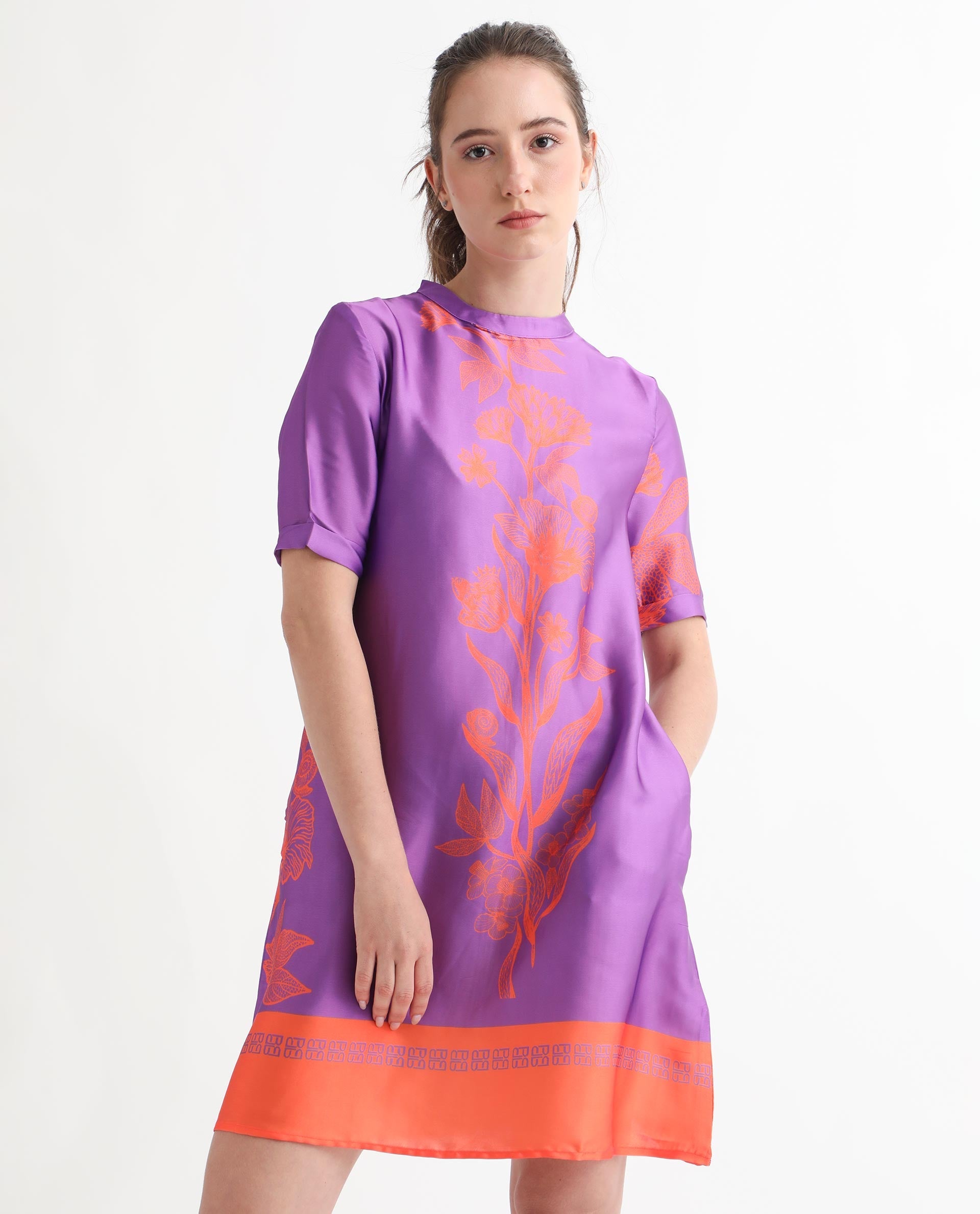 Rareism Women Walker Purple Polyester Fabric Short Sleeves Zip Closure High Neck Regular Fit Floral Print Short Boxy Dress