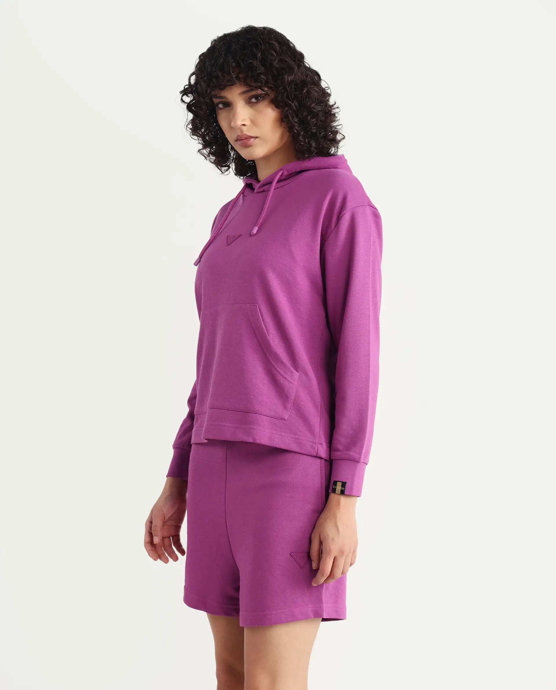 Rareism Women's Wally-1 Purple Cotton Blend Hooded Plain Relaxed Fit Sweatshirt